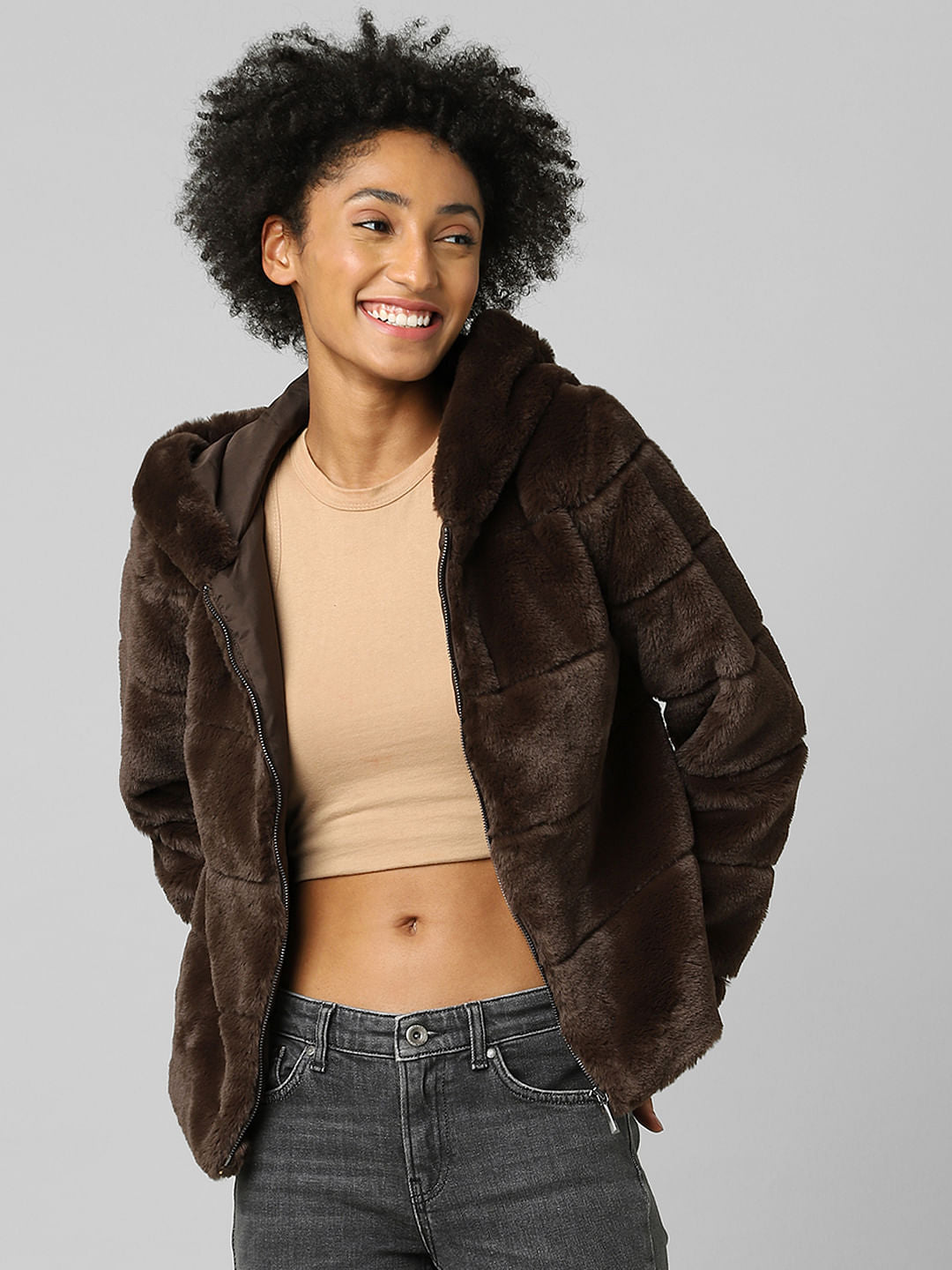 Brown Faux Fur Hooded Jacket