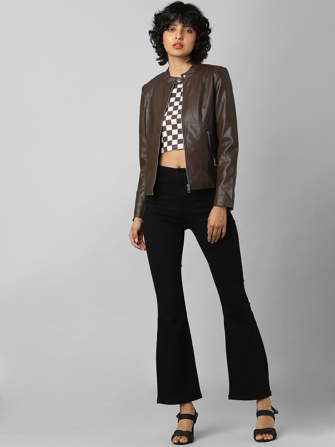 Dark Brown Faux Leather Biker Jacket