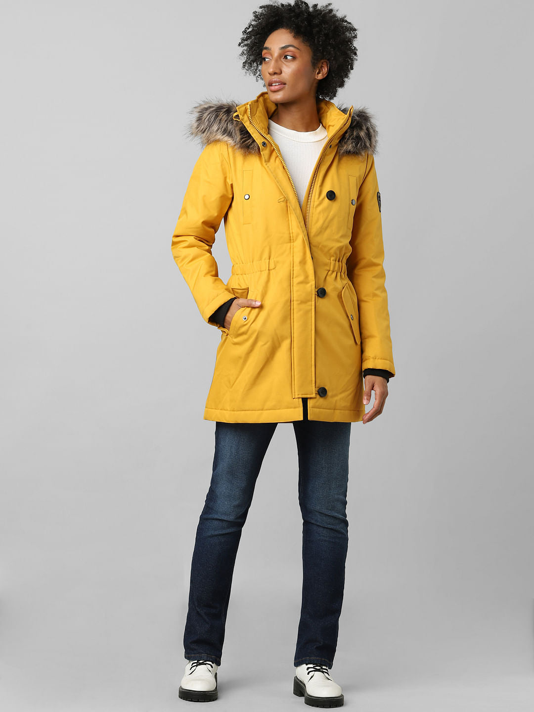 Yellow Fur Hooded Parka Jacket