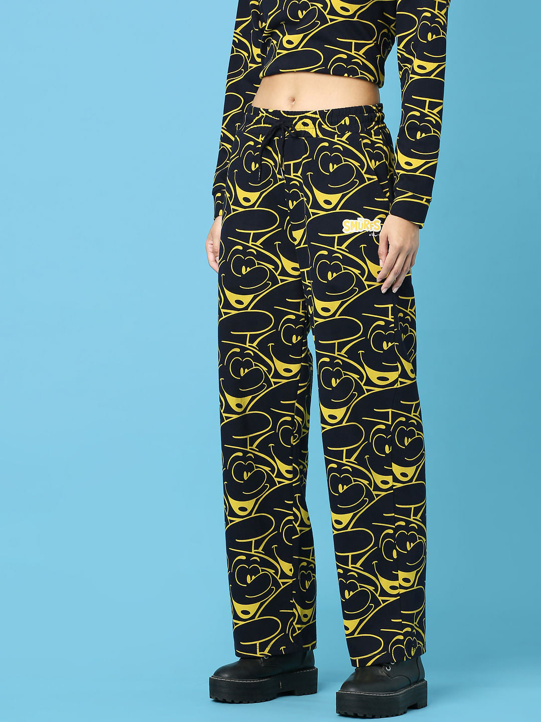 The Smurfs   X Only Navy Blue Printed Wide Leg Co-Ord Sweatpants