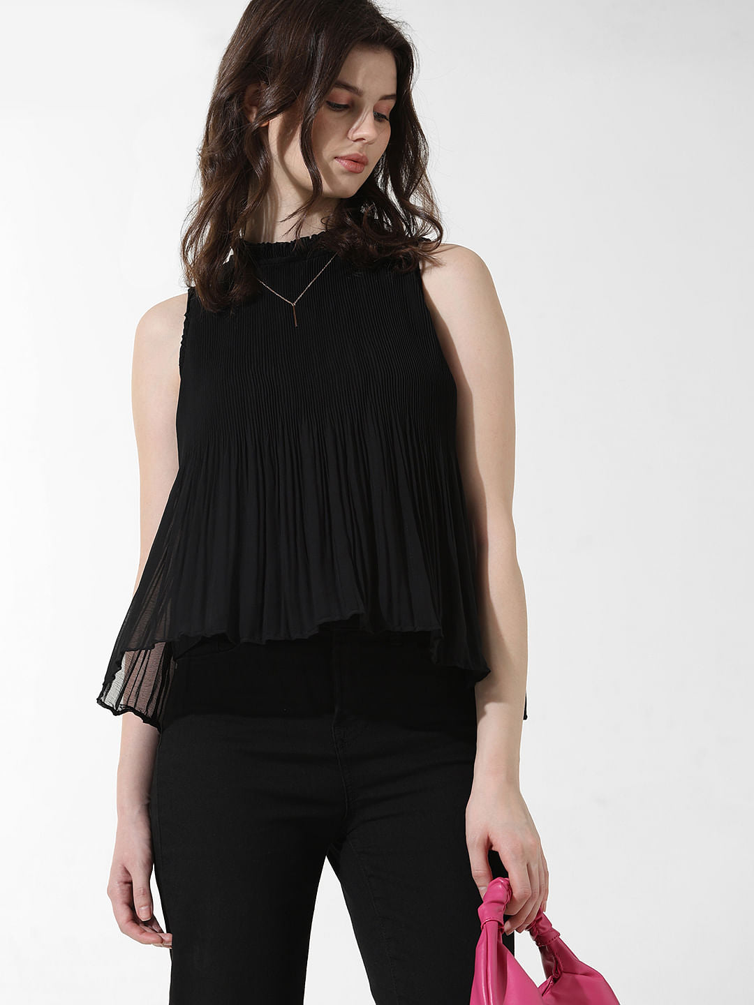 Black Pleated Flared Top