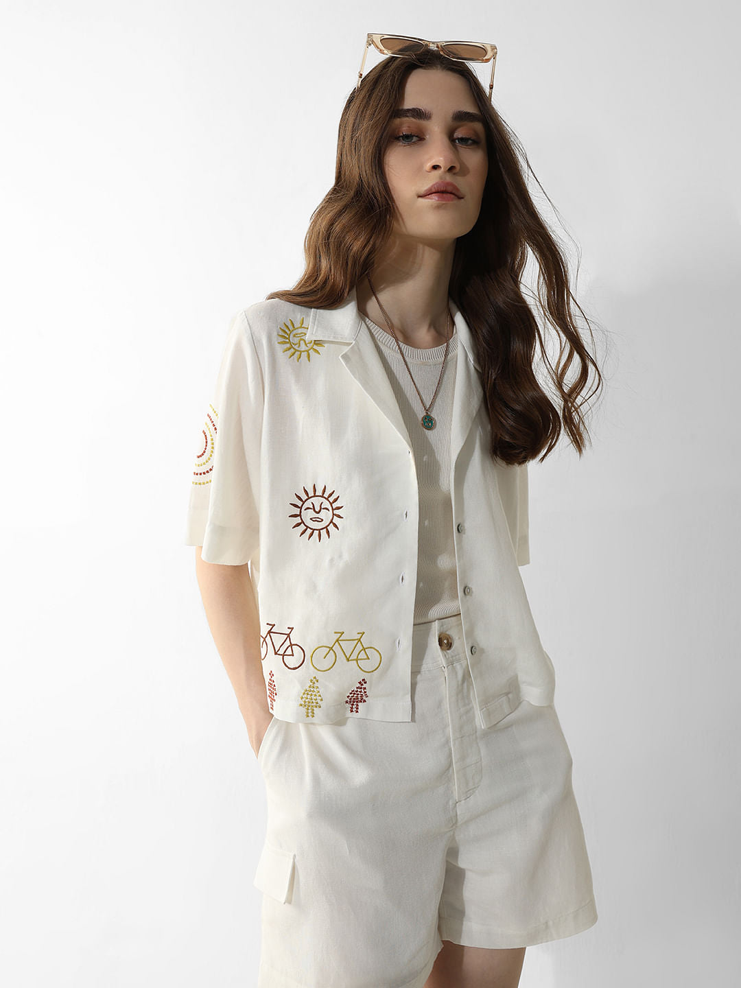 White Embroidered Co-Ord Set Shirt