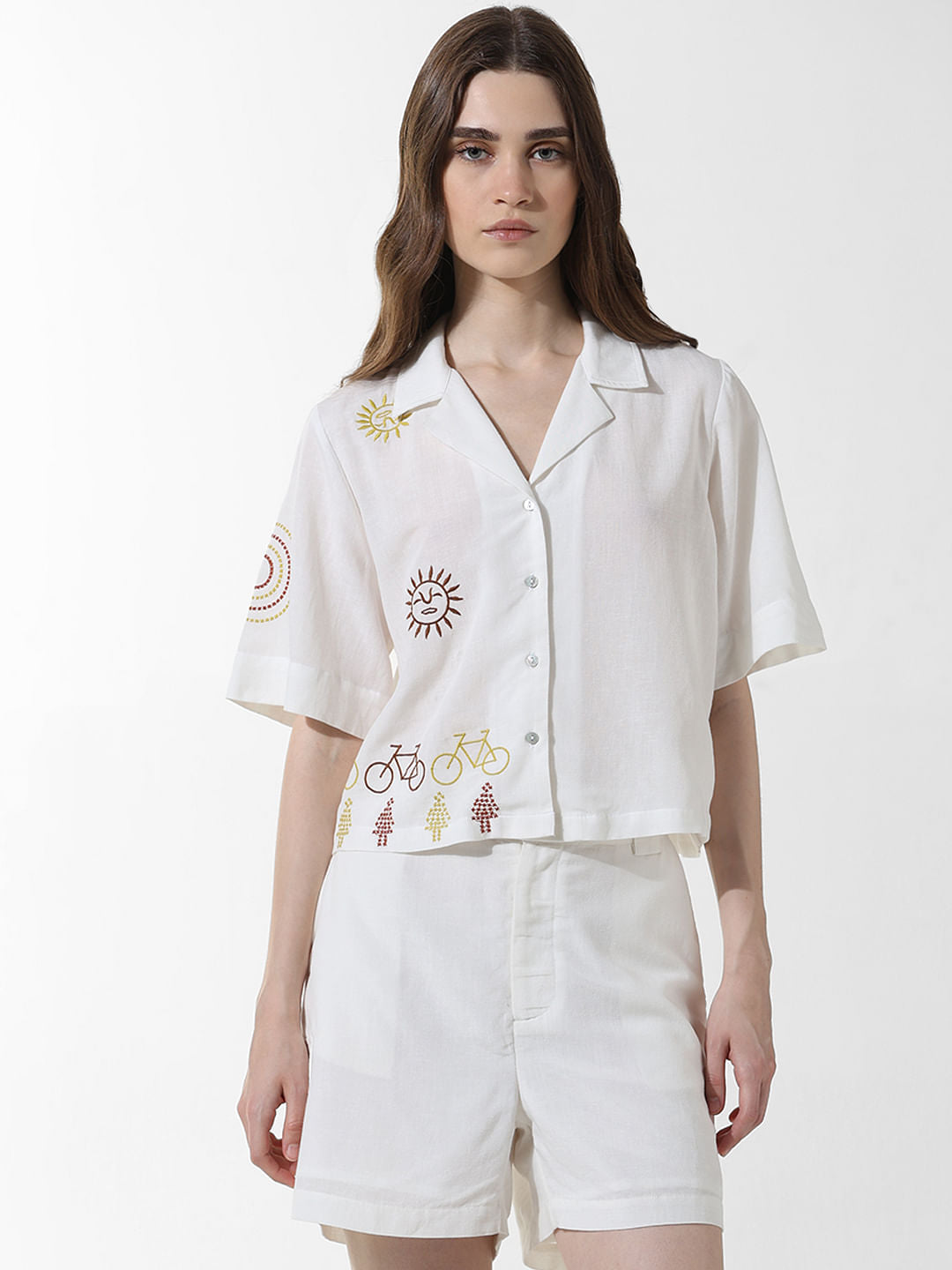 White Embroidered Co-Ord Set Shirt