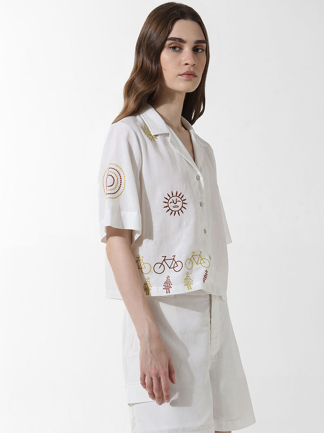 White Embroidered Co-Ord Set Shirt