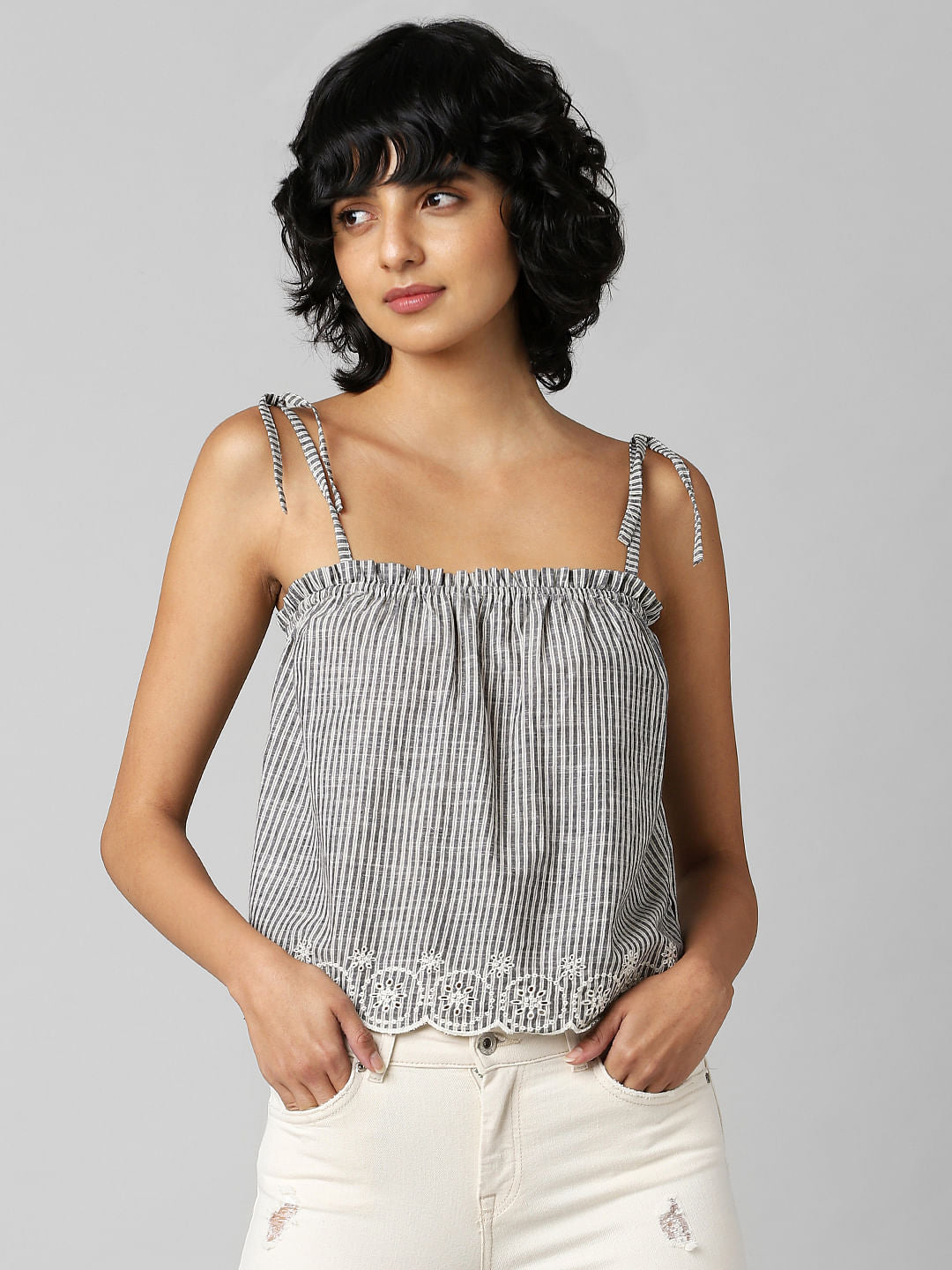 Grey Striped Strappy Schiffli Top
