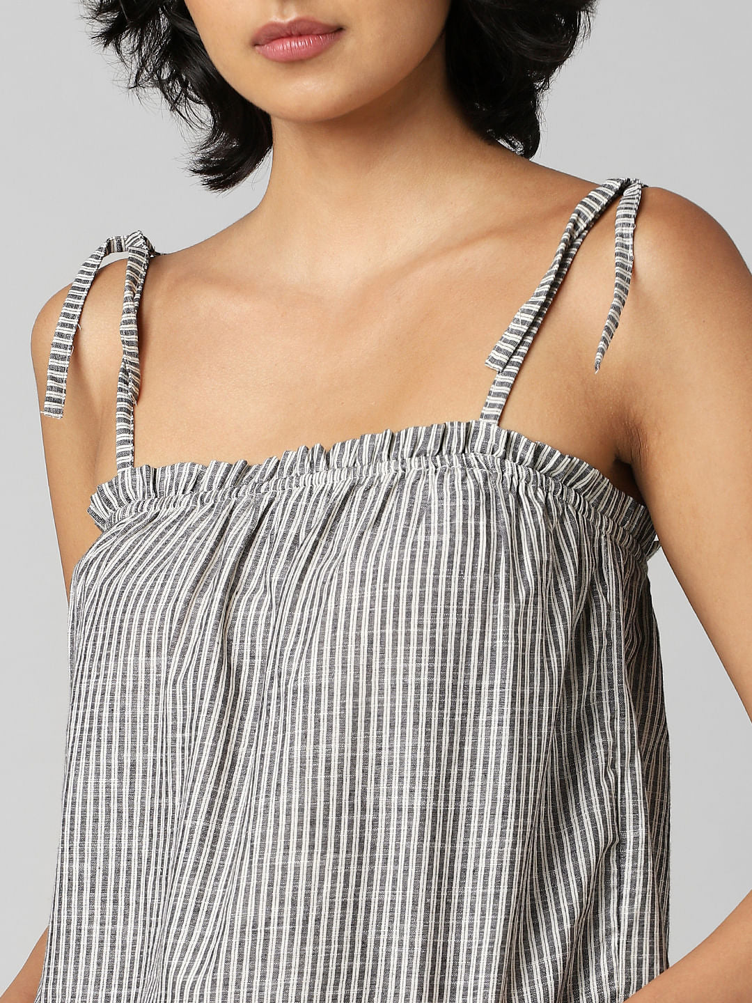 Grey Striped Strappy Schiffli Top