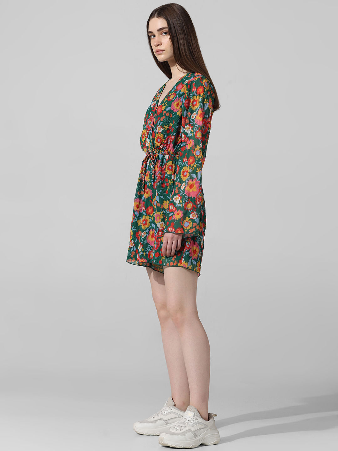 Green Floral Pleated Playsuit