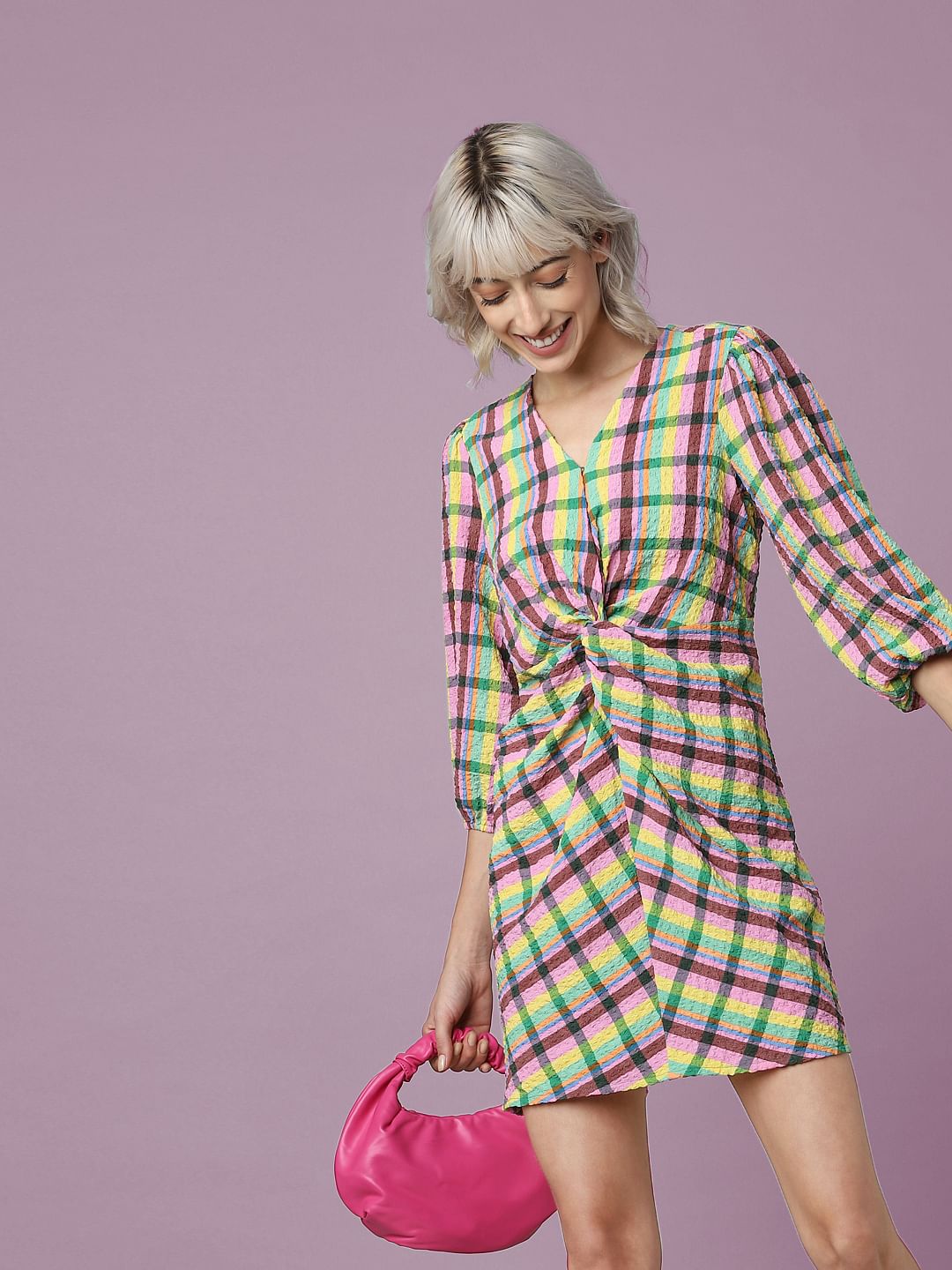 Yellow Check Knot-Detail Mini Dress