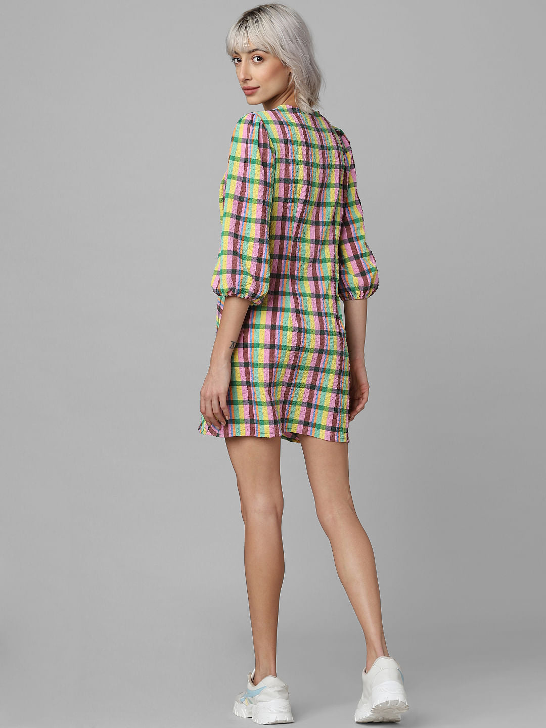 Yellow Check Knot-Detail Mini Dress