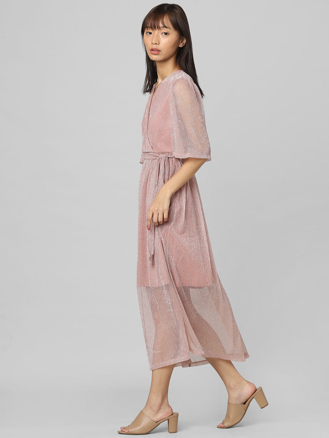 Brown Shimmer Wrap Midi Dress