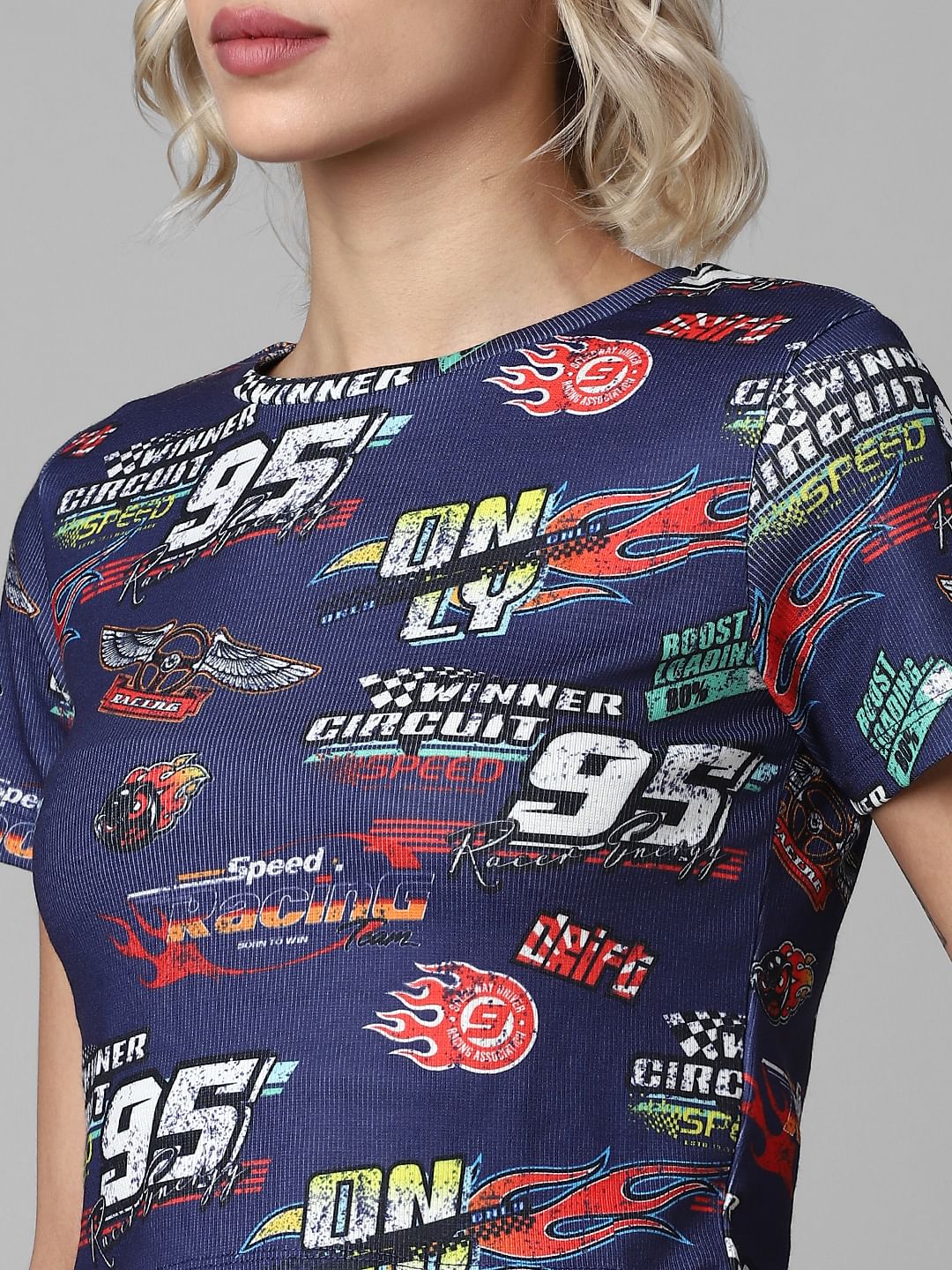 Dark Blue Racer Print Ribbed T-Shirt