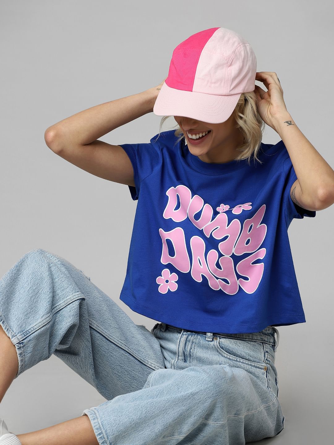 Blue Printed Cropped T-Shirt