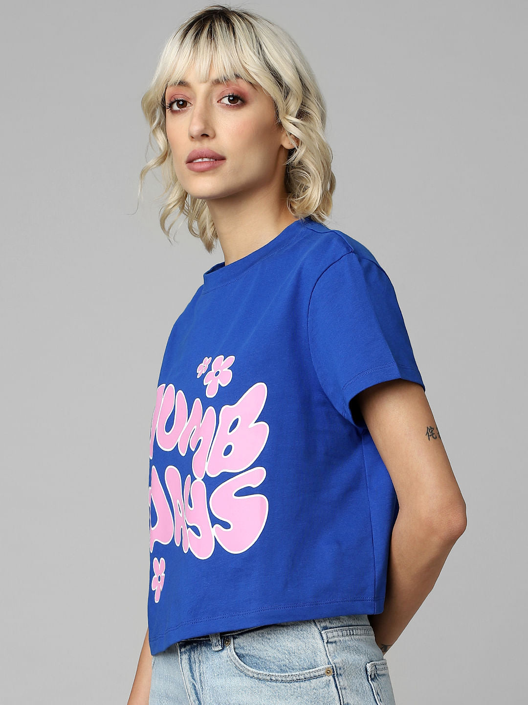 Blue Printed Cropped T-Shirt