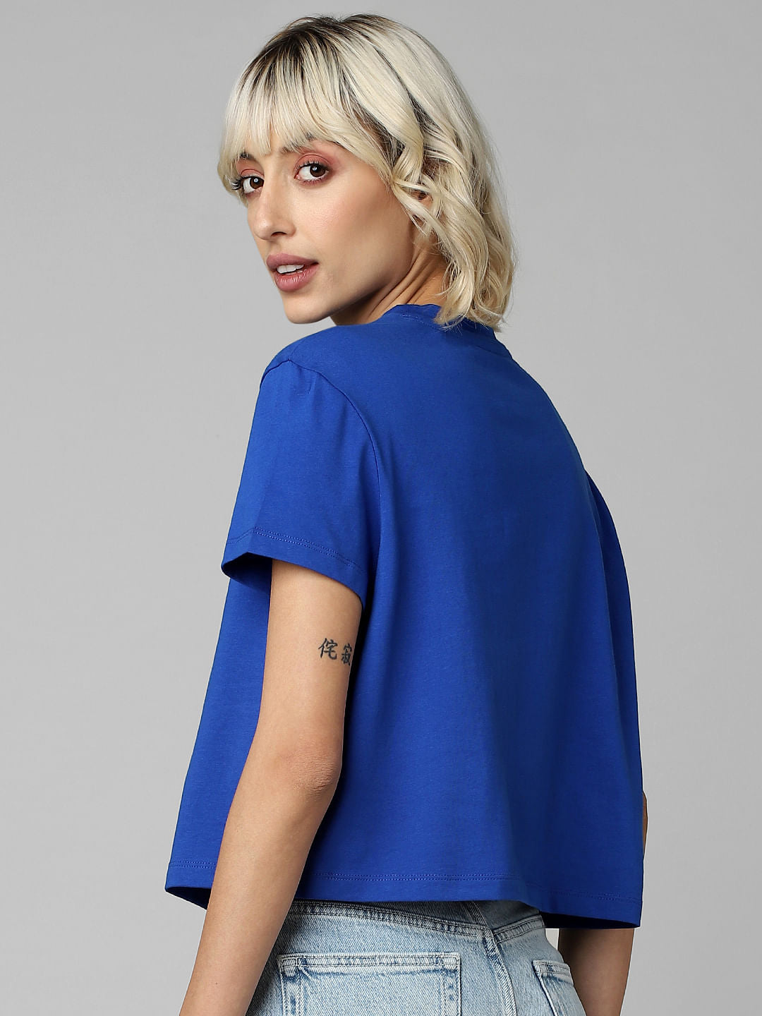 Blue Printed Cropped T-Shirt