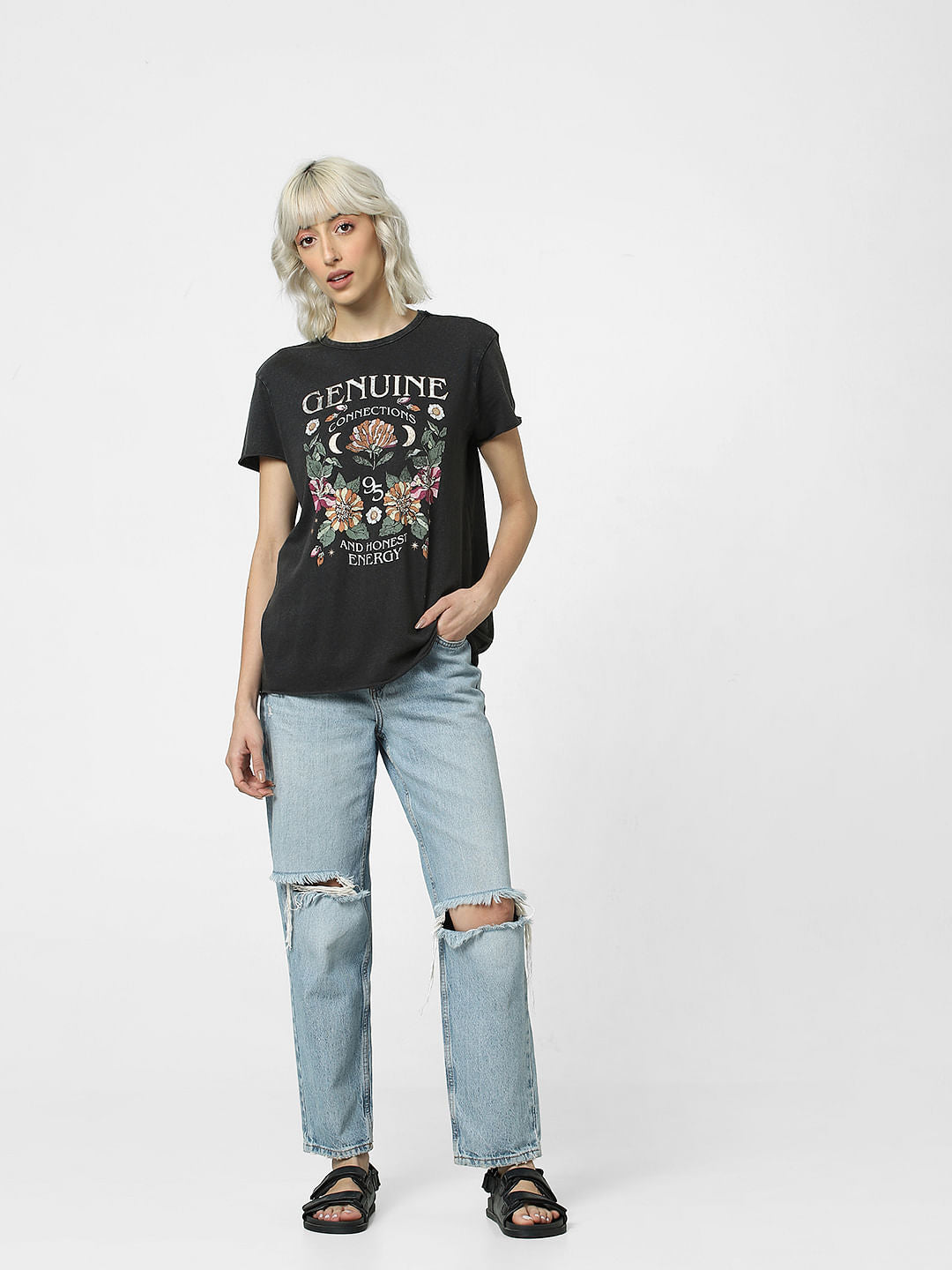 Black Printed Washed T-Shirt