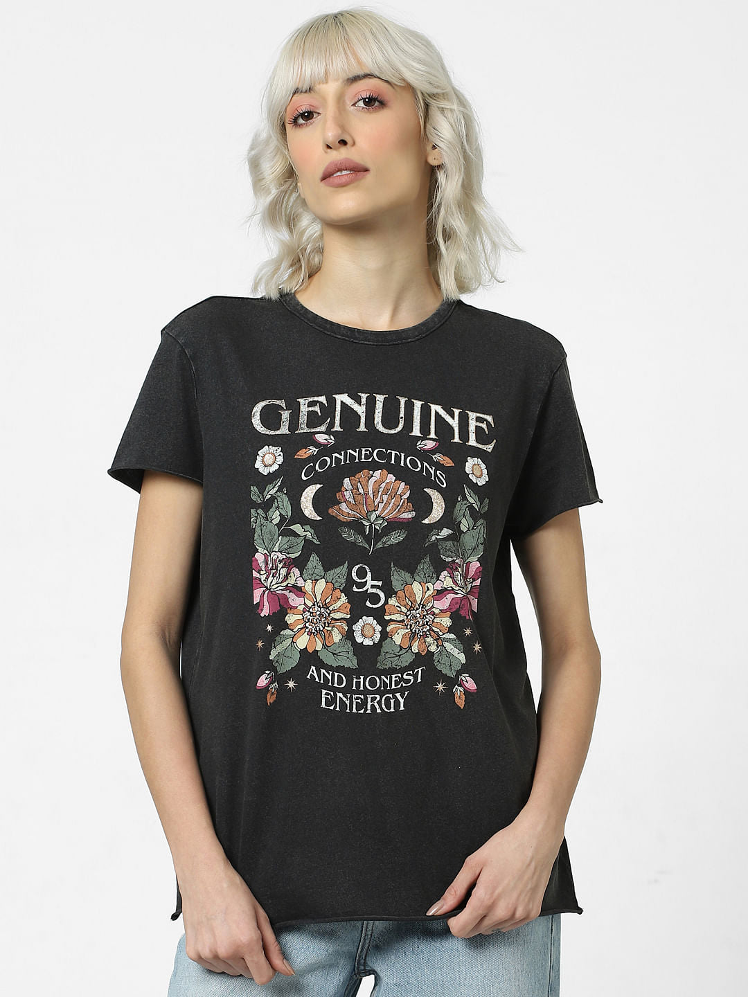 Black Printed Washed T-Shirt
