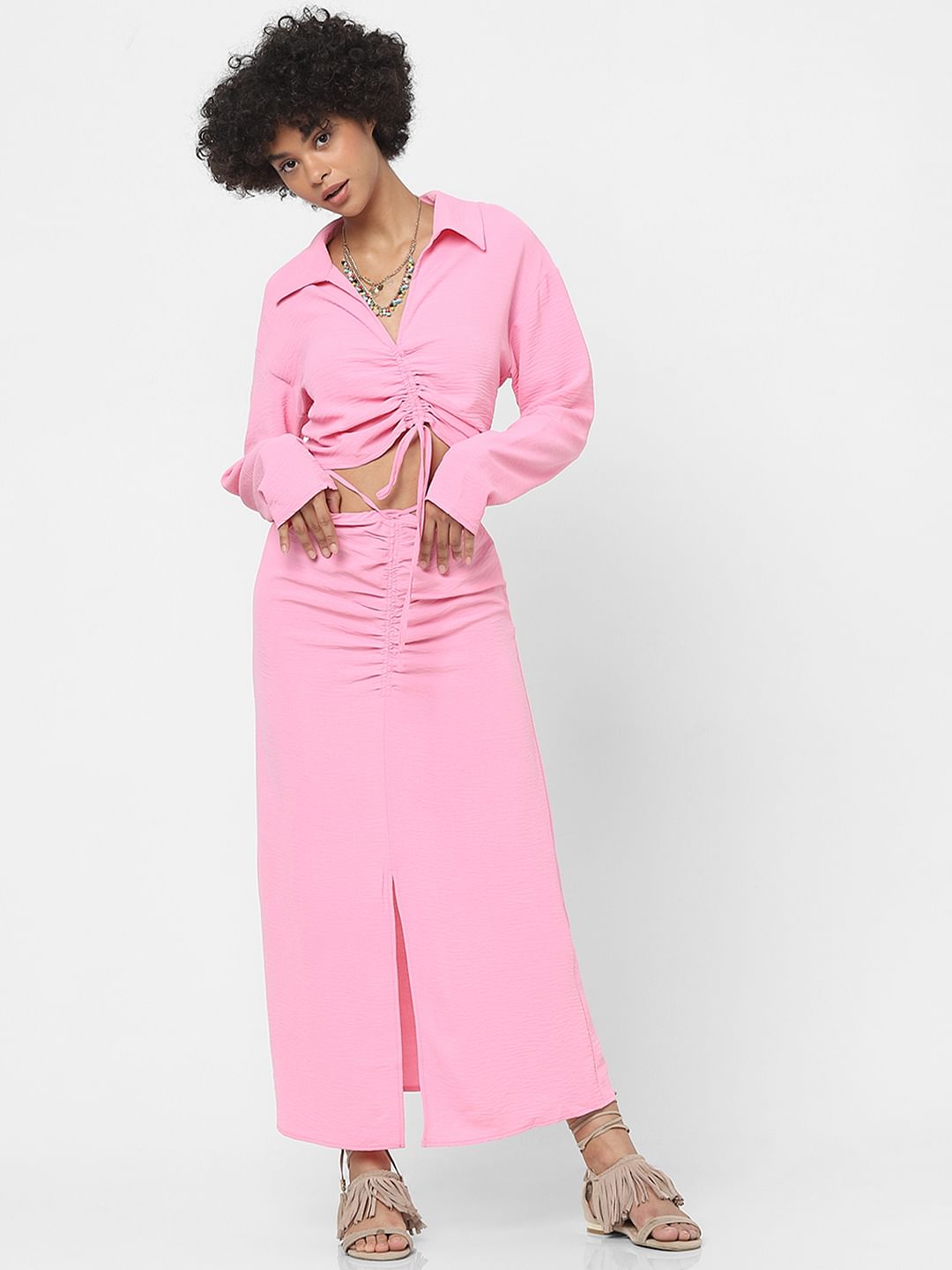 Pink Ruched Detailing Midi Skirt