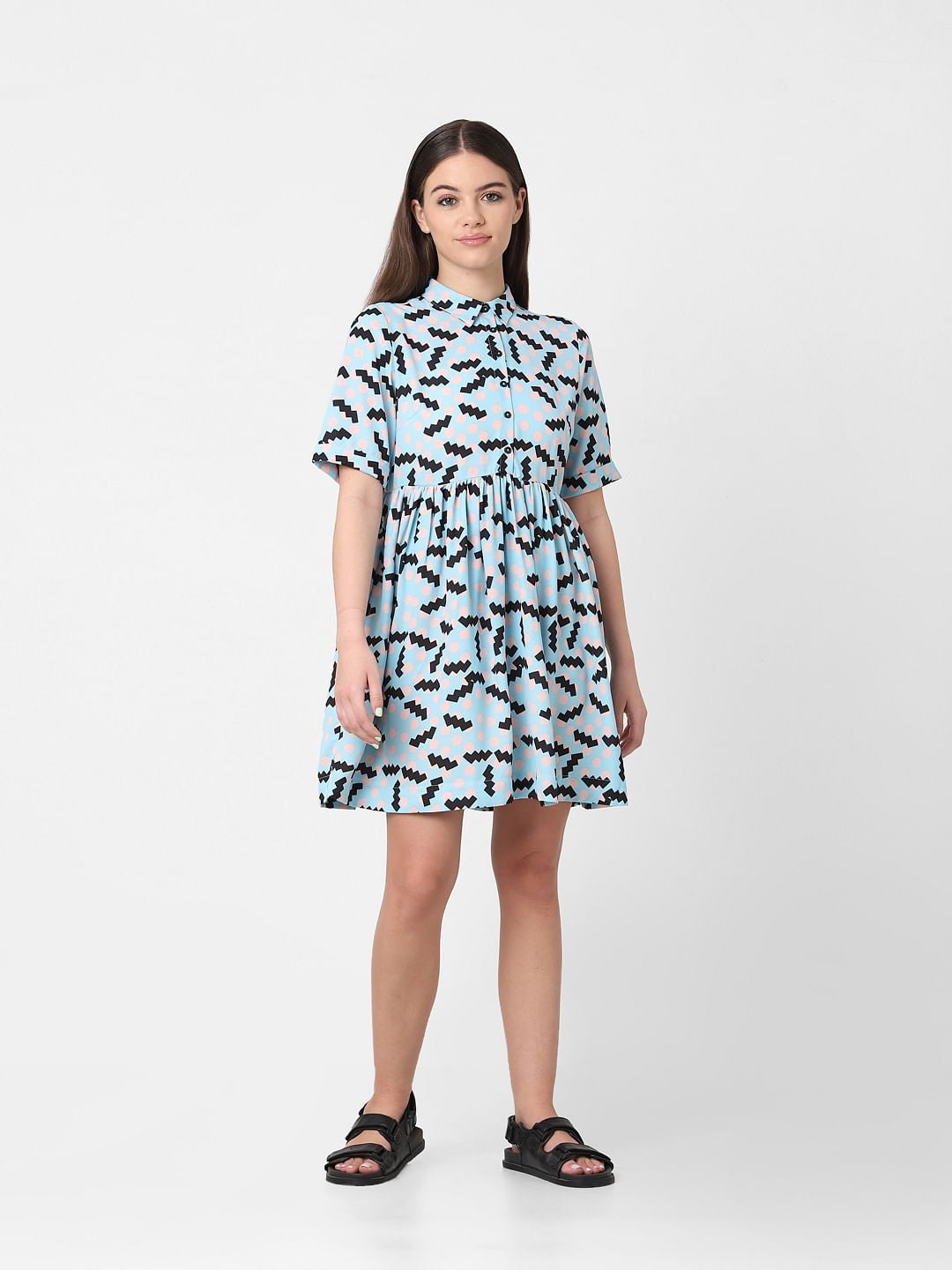Blue Printed Mini Shirt Dress