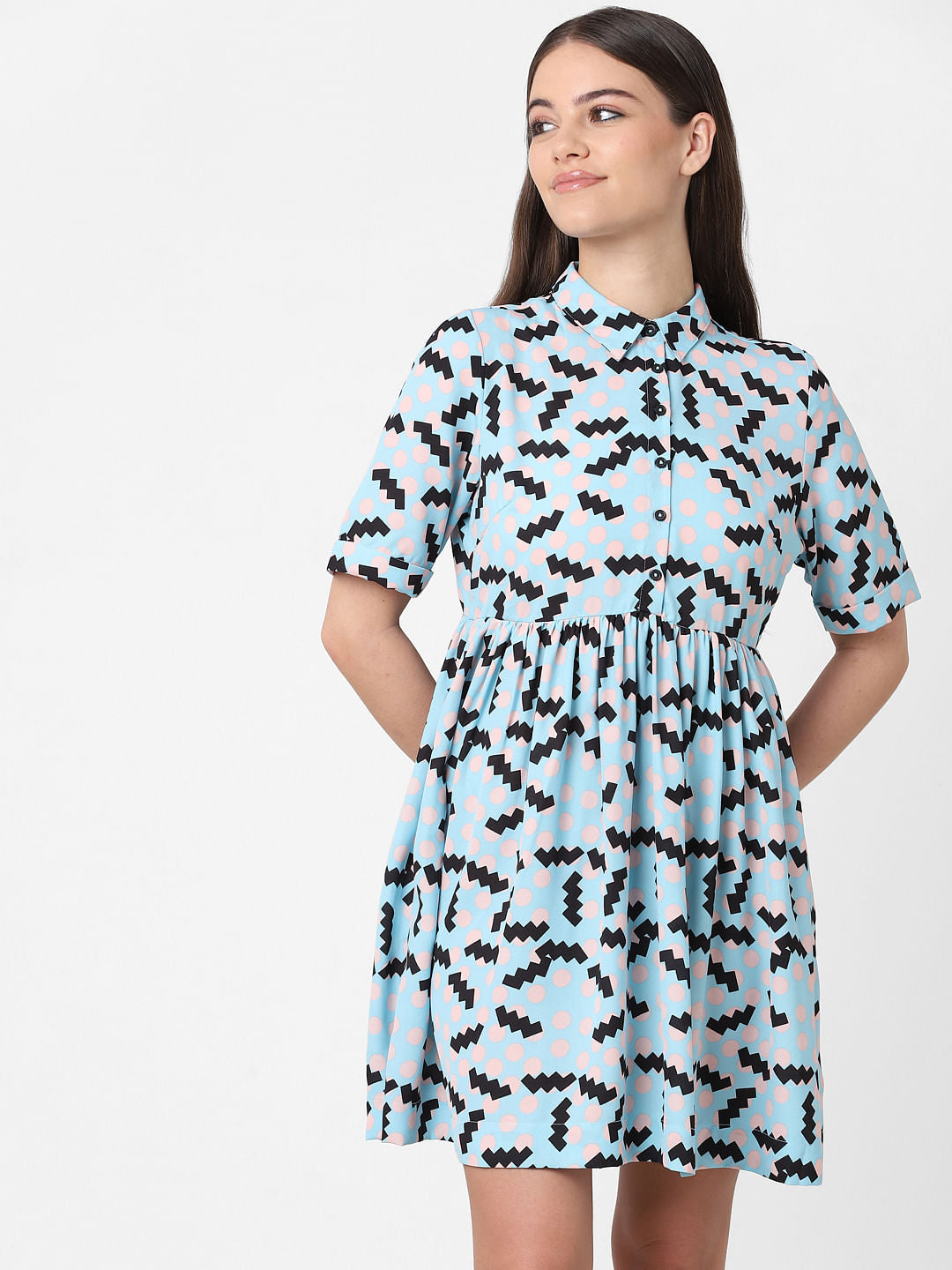 Blue Printed Mini Shirt Dress
