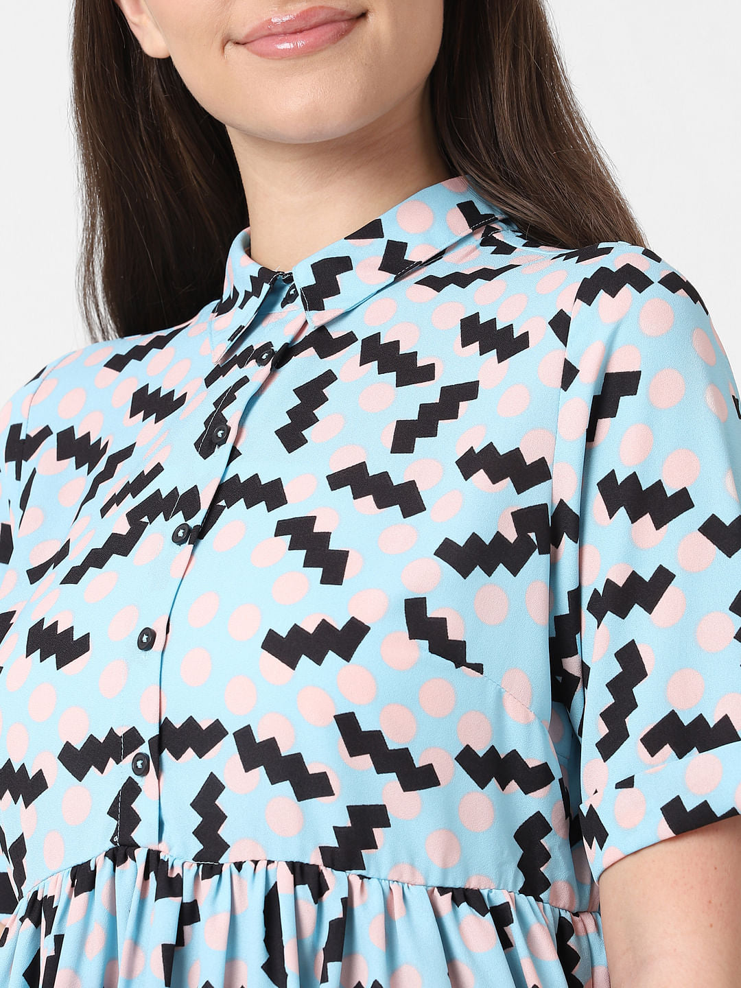 Blue Printed Mini Shirt Dress