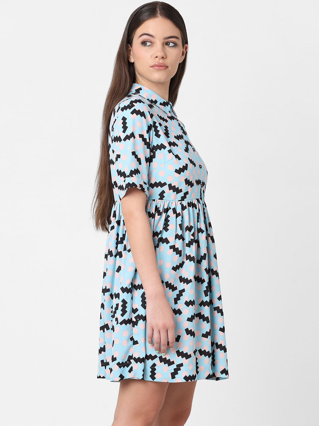 Blue Printed Mini Shirt Dress