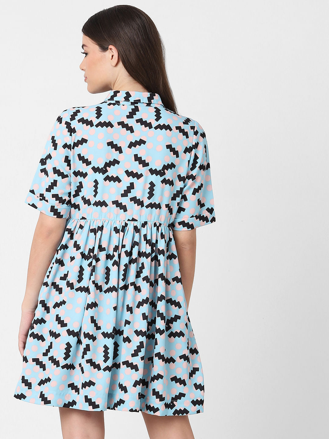 Blue Printed Mini Shirt Dress