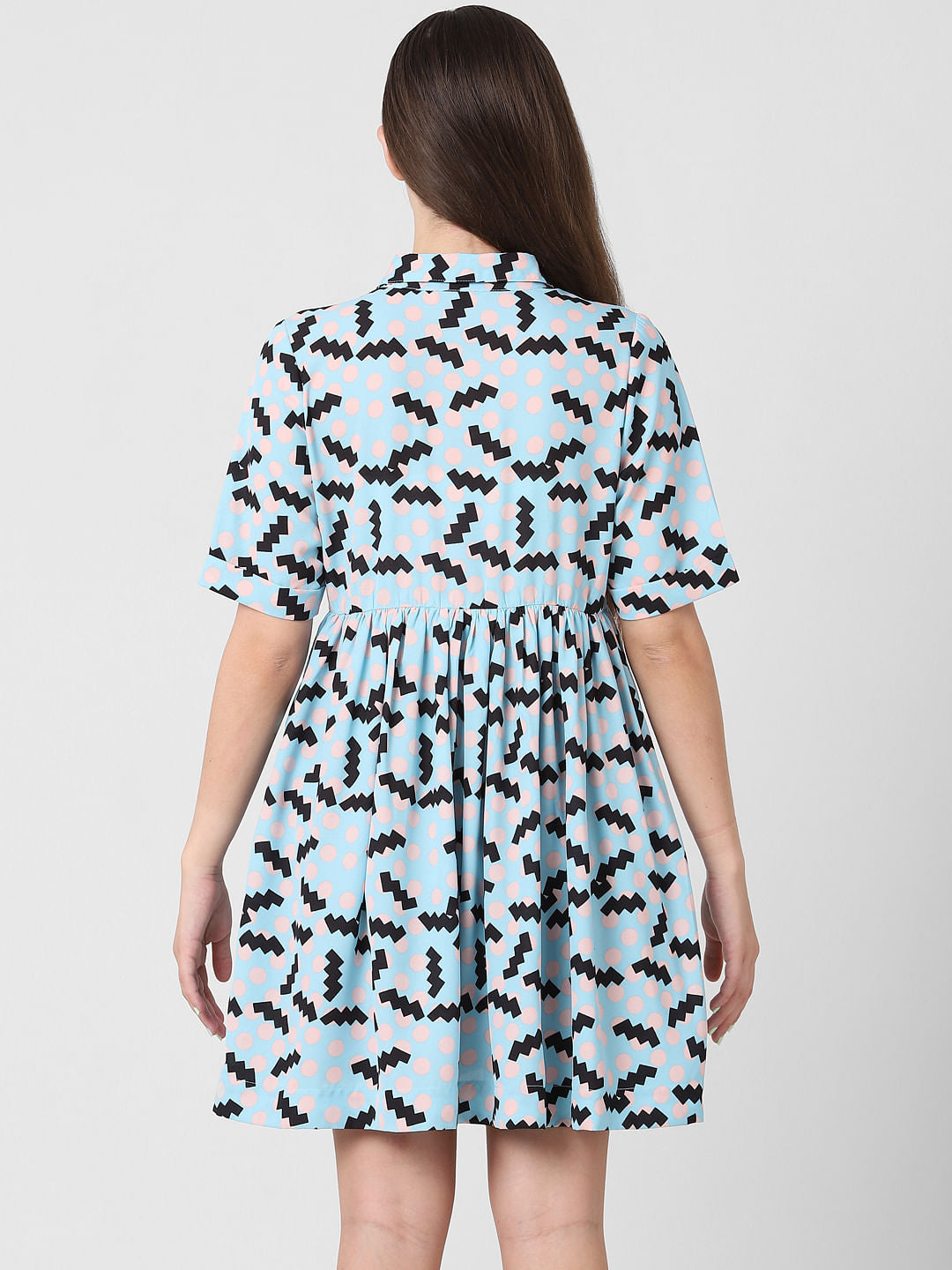 Blue Printed Mini Shirt Dress