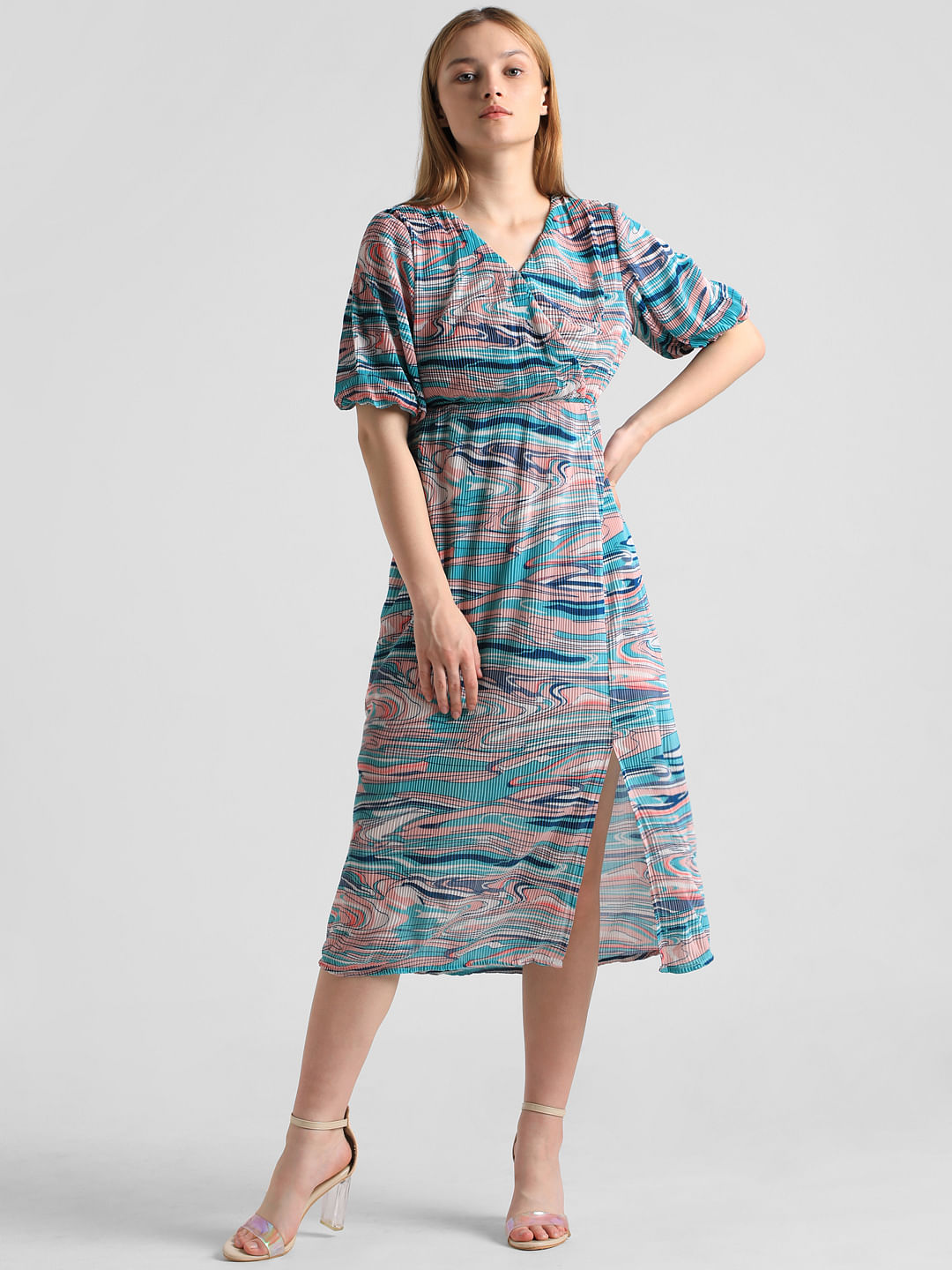 Blue Abstract Print Midi Dress
