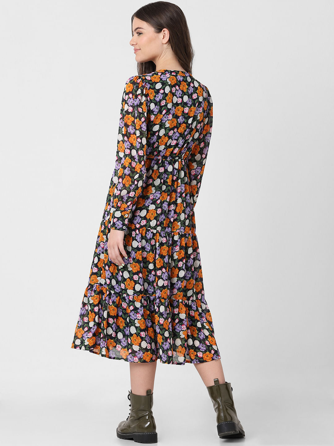 Black Floral Print Midi Dress