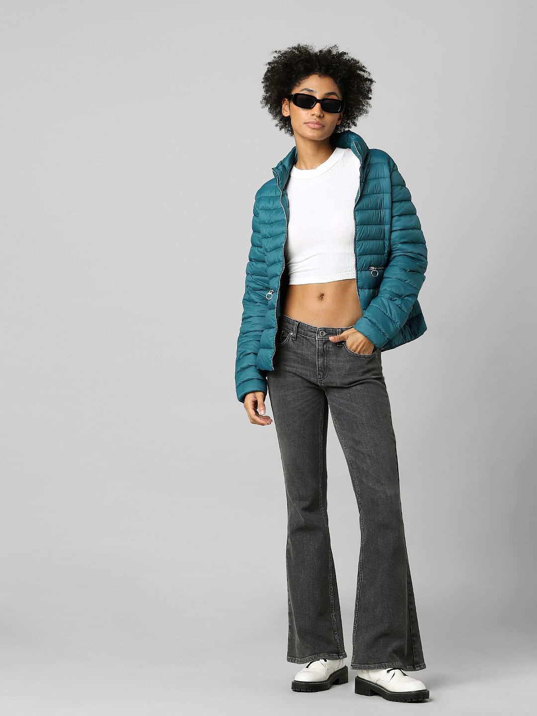 Green High Neck Quilted Puffer Jacket