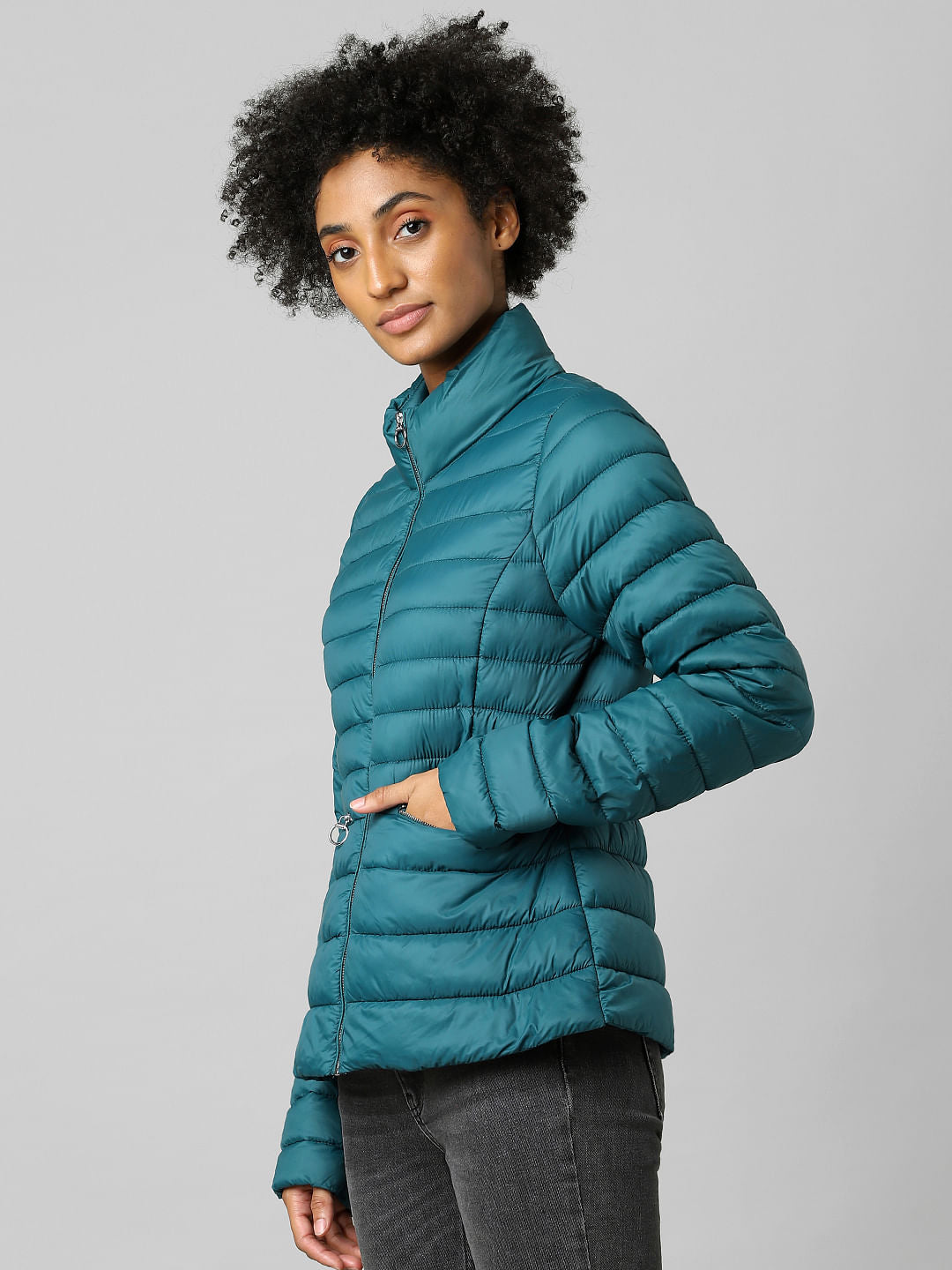 Green High Neck Quilted Puffer Jacket
