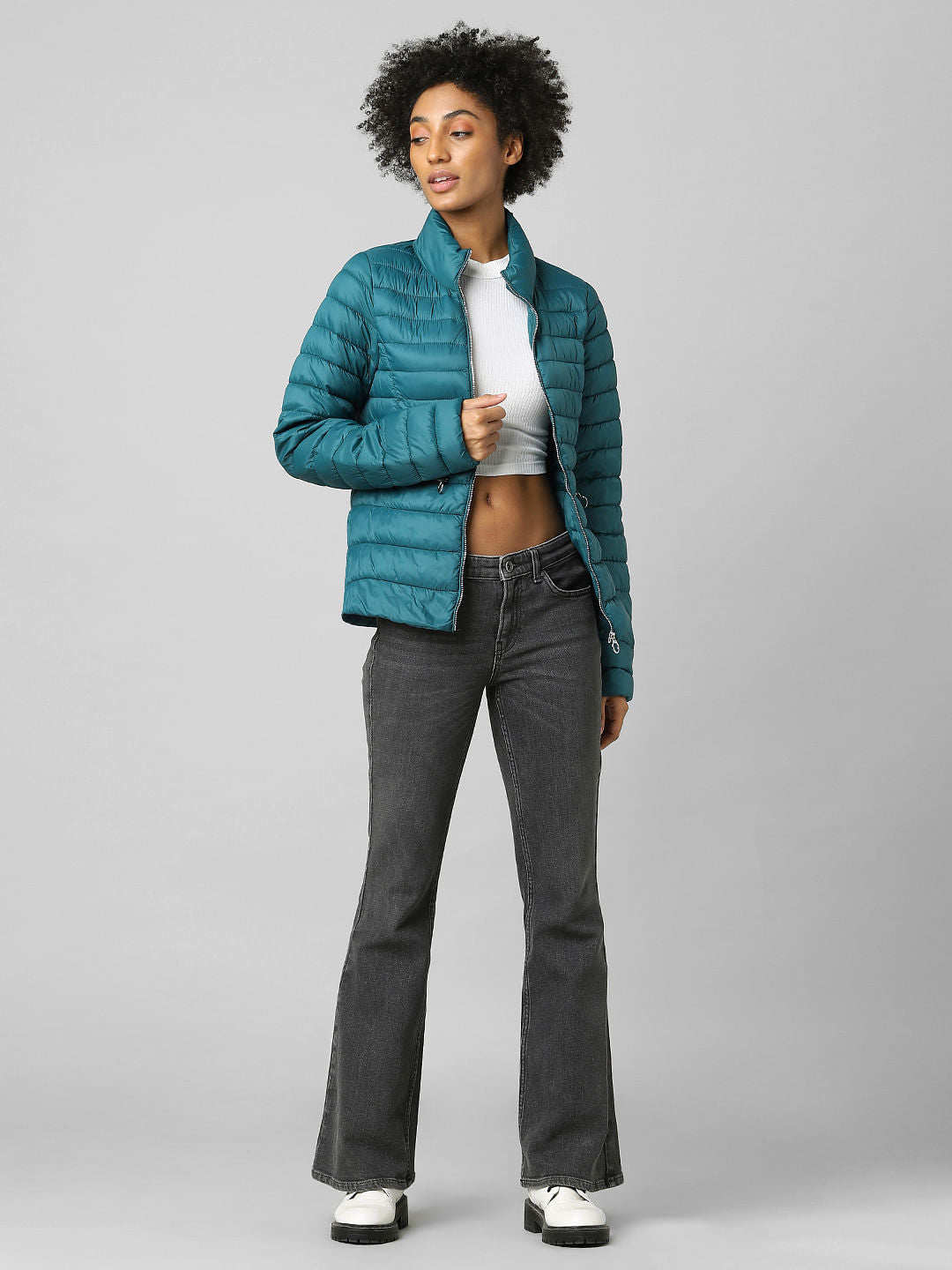 Green High Neck Quilted Puffer Jacket