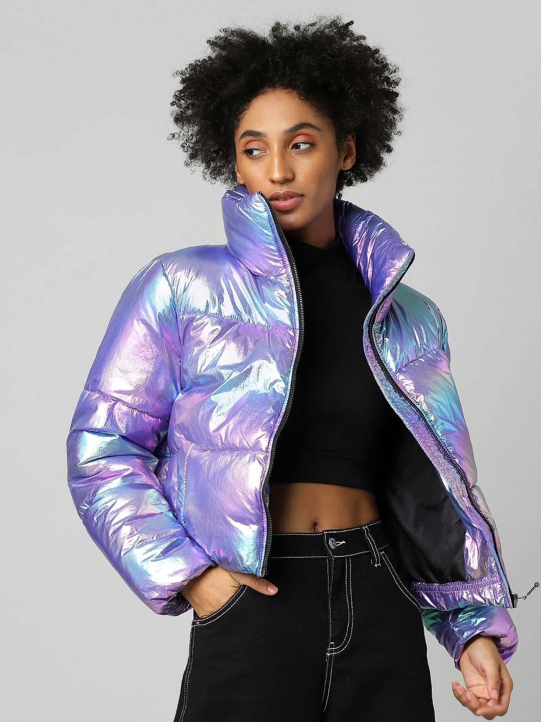 Metallic High Neck Puffer Jacket