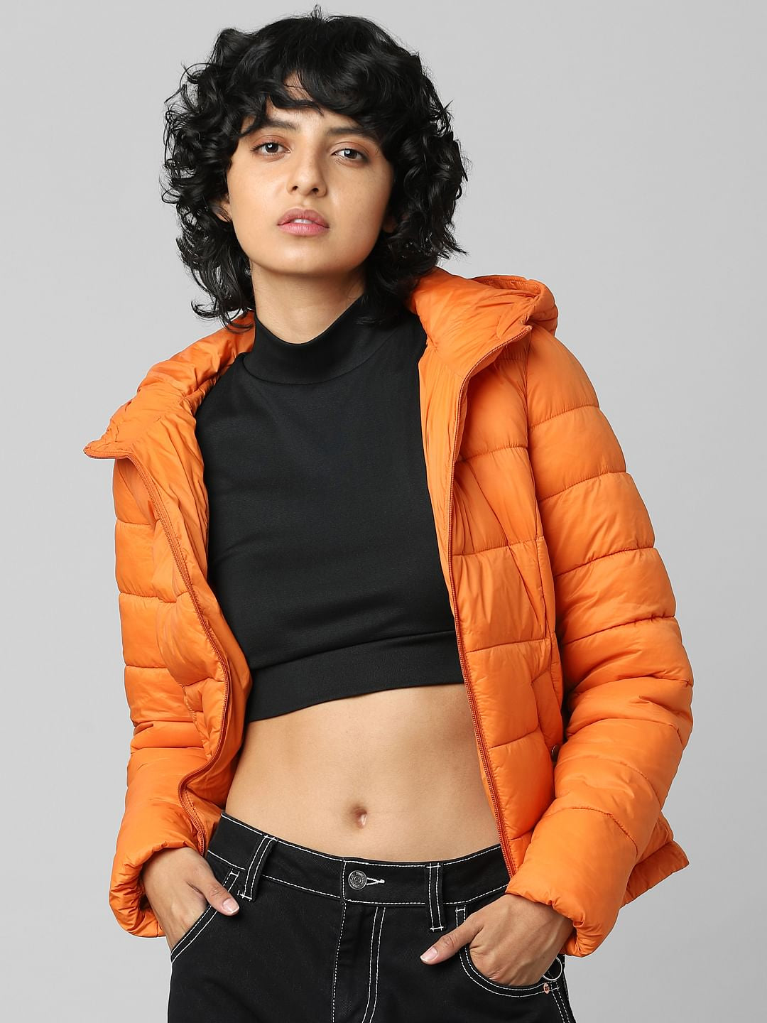 Orange Hooded Puffer Jacket