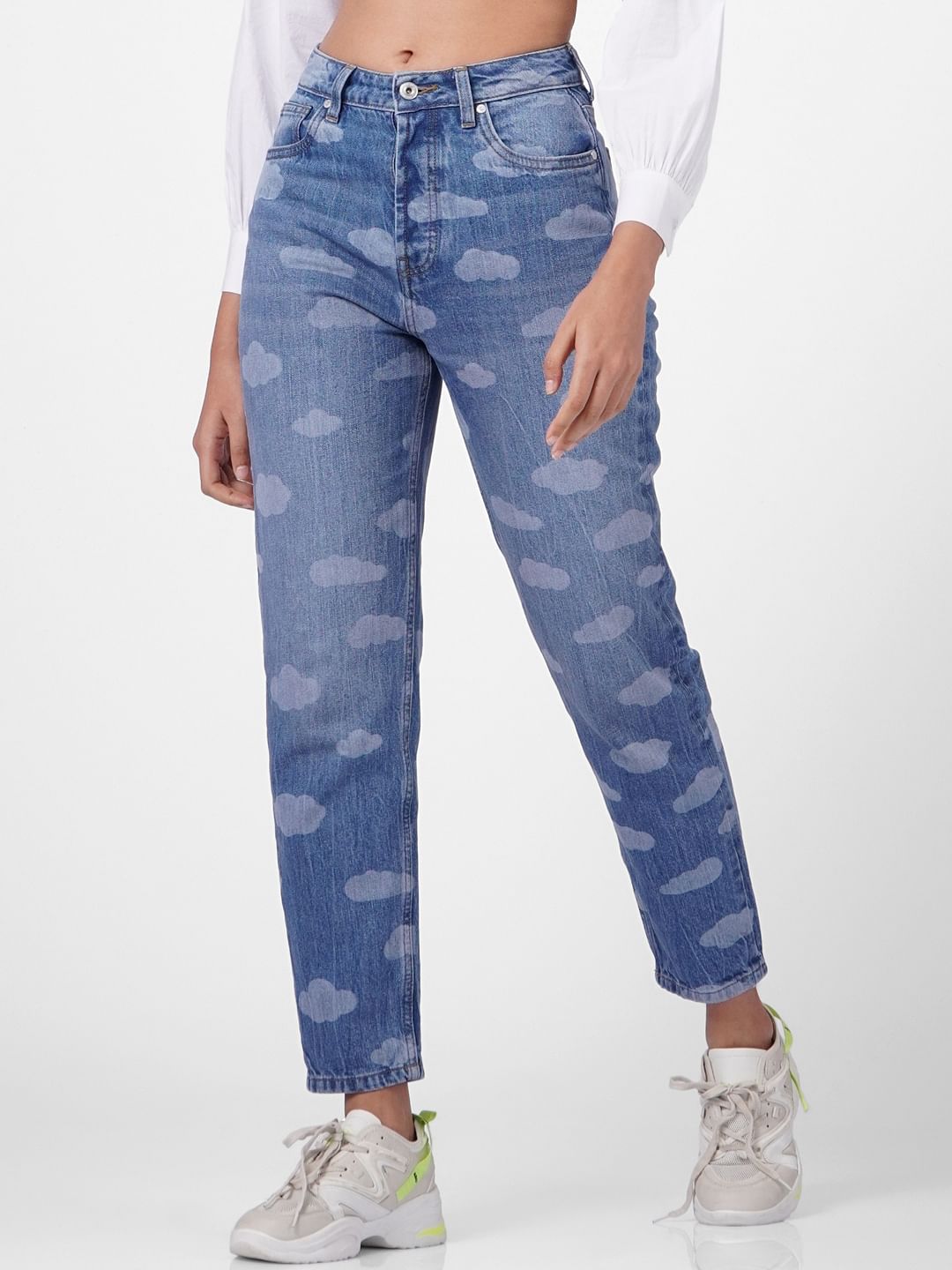 Blue High Rise Cloud Print Mom Jeans