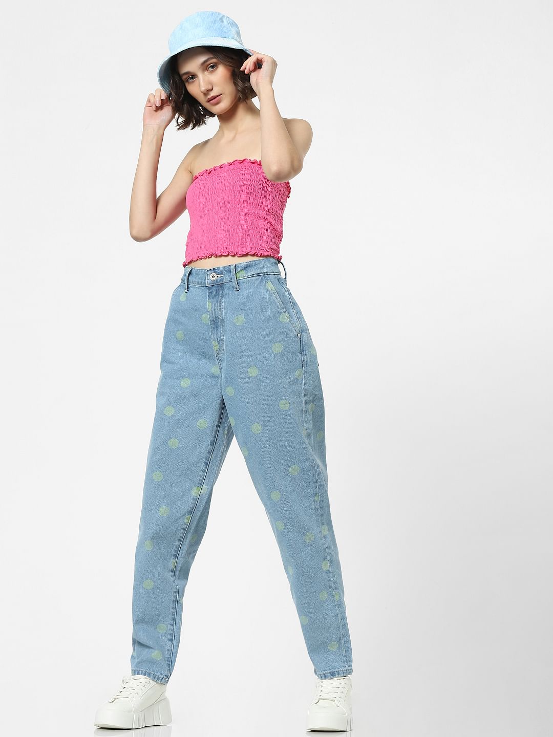 Blue High Rise Polka Dot Baggy Jeans