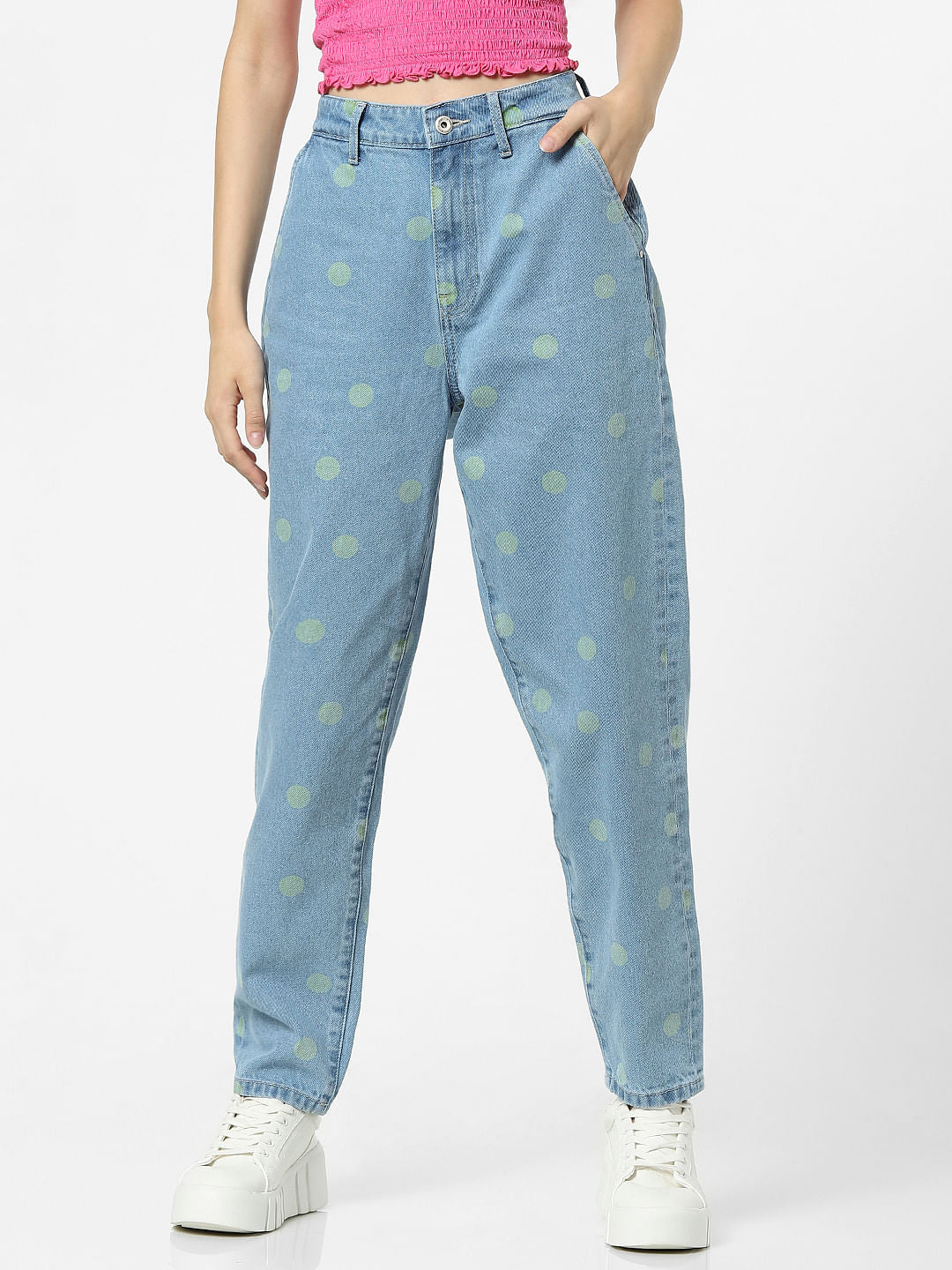 Blue High Rise Polka Dot Baggy Jeans