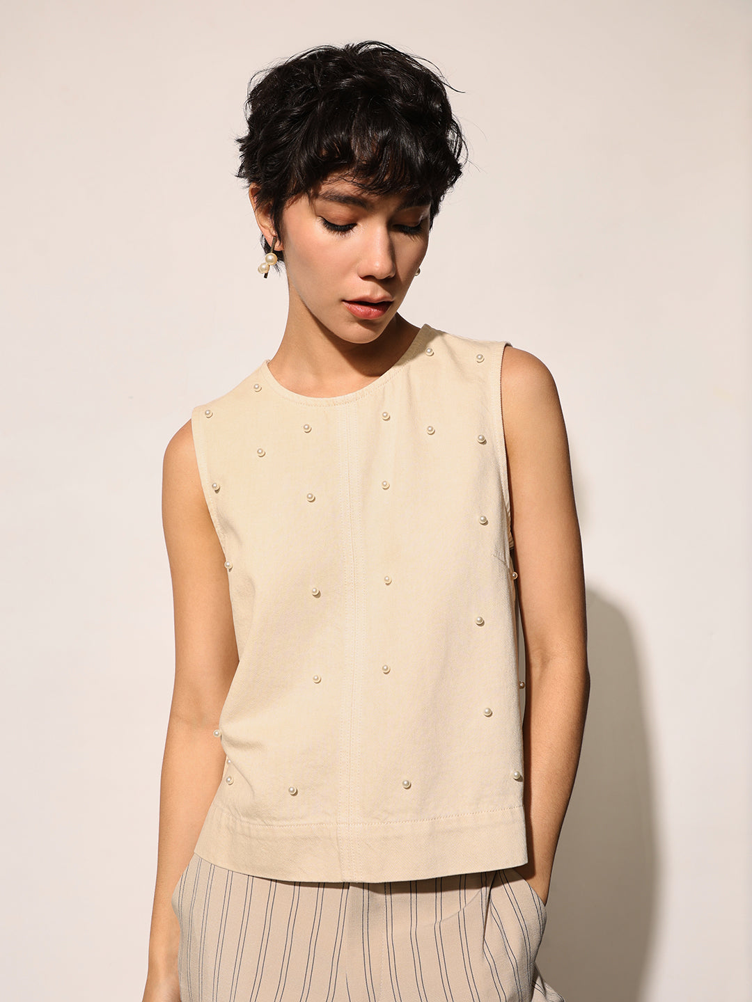 Beige Pearl Embellished Cotton Top
