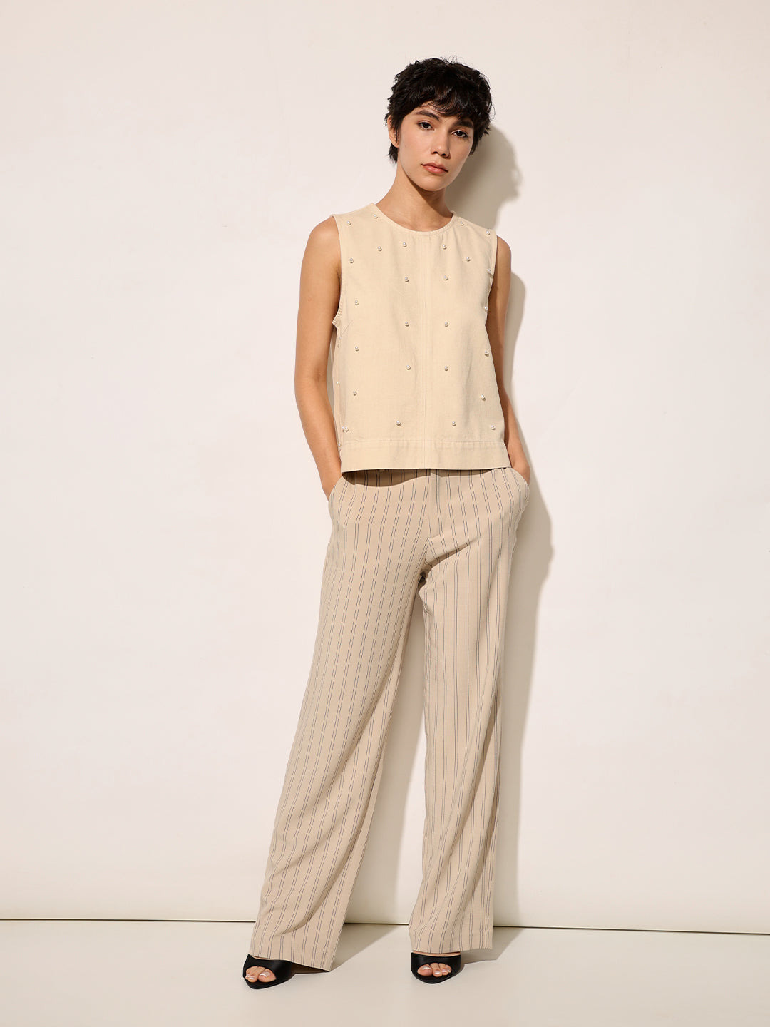 Beige Pearl Embellished Cotton Top