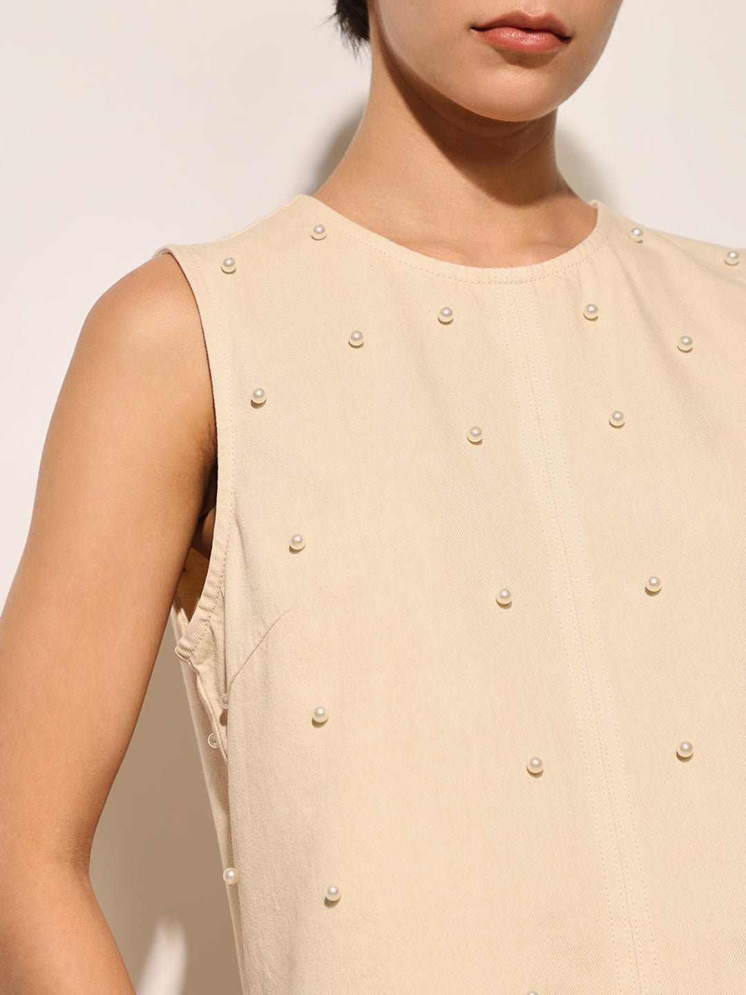 Beige Pearl Embellished Cotton Top