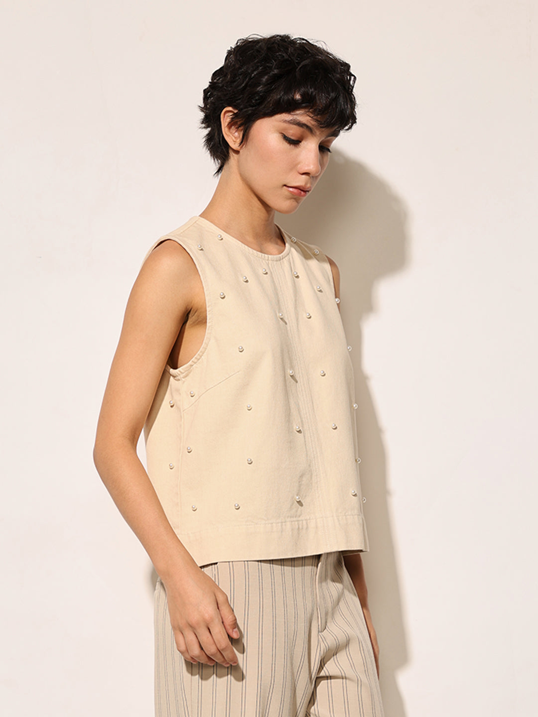 Beige Pearl Embellished Cotton Top