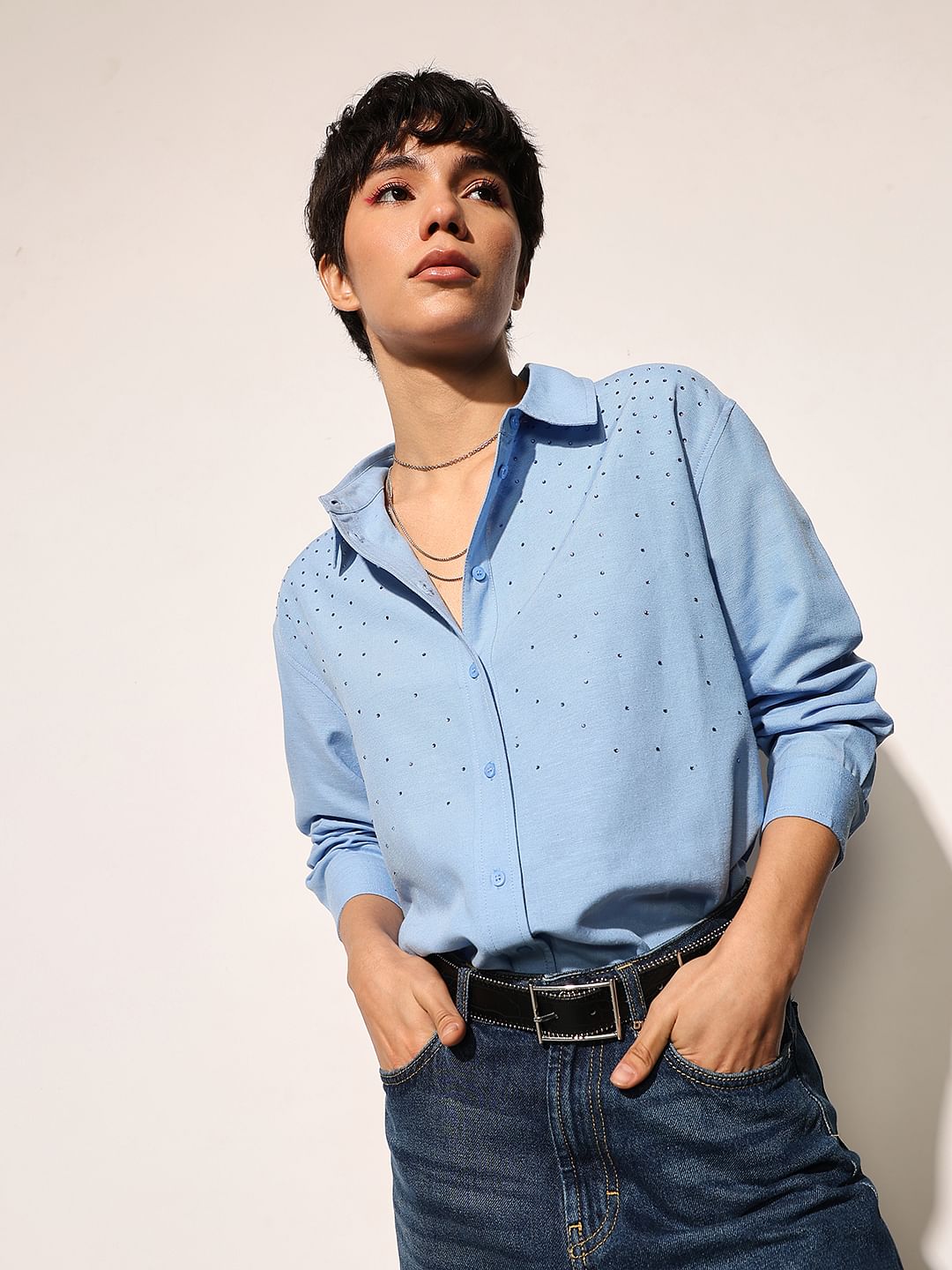 Blue Rhinestone Detail Shirt