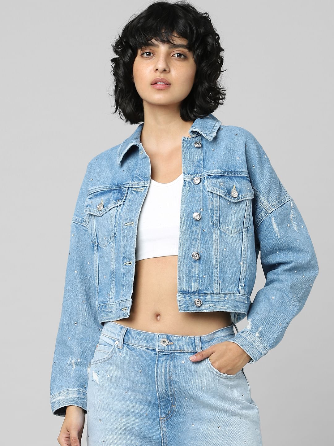 Blue Rhinestone Detail Denim Jacket
