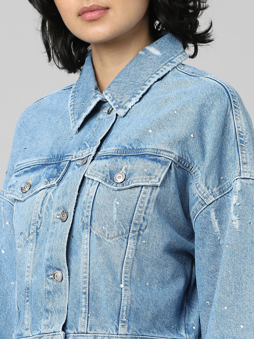 Blue Rhinestone Detail Denim Jacket