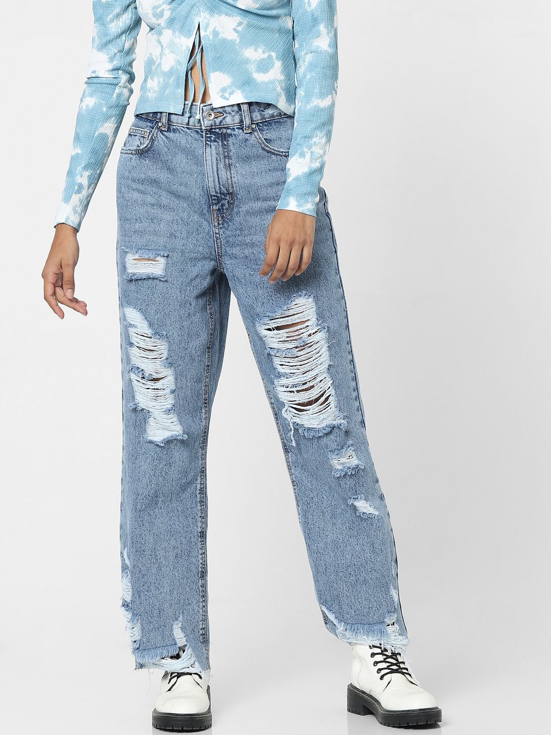 Blue High Waist Ripped Comfort Fit Jeans