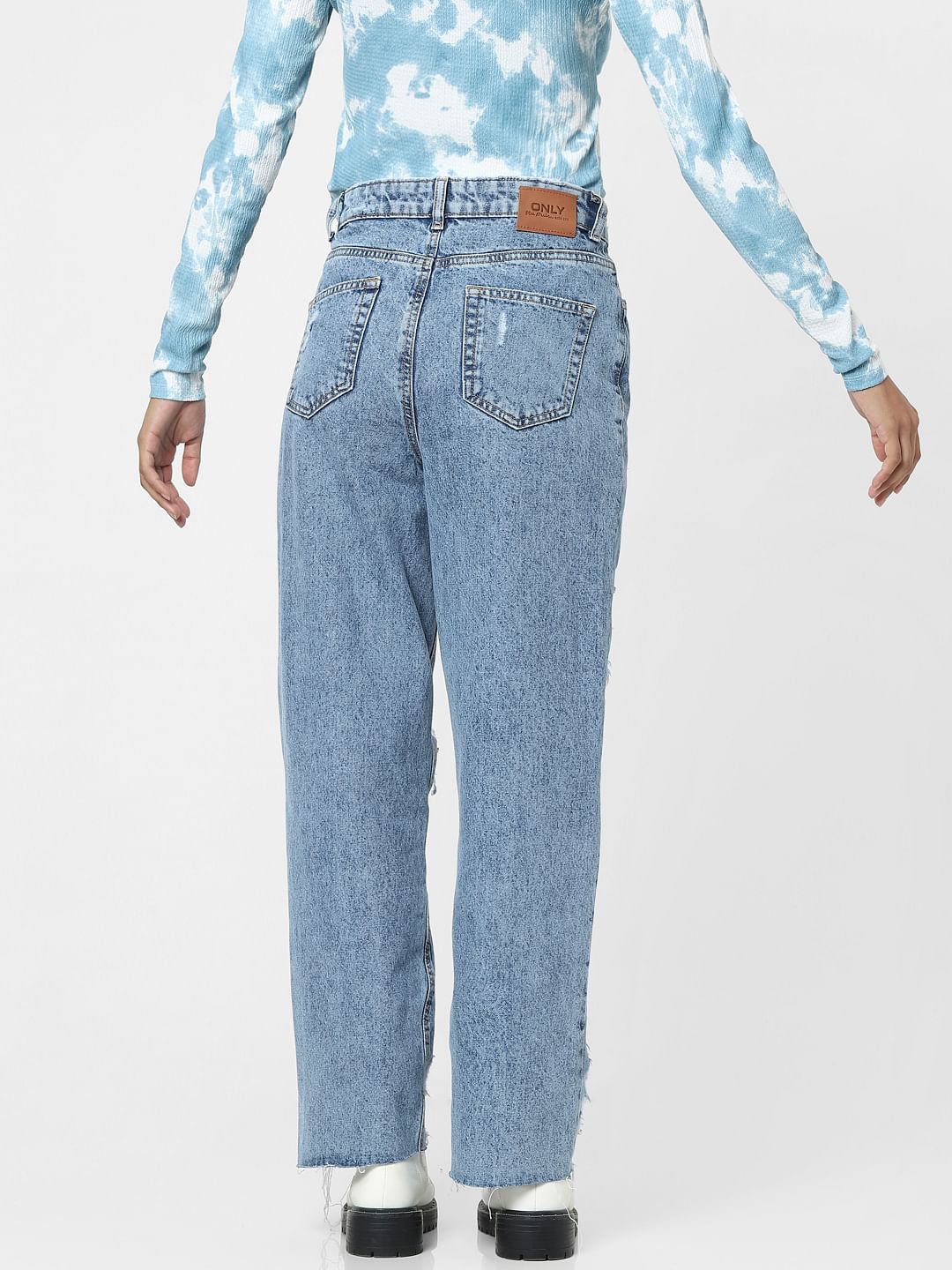 Blue High Waist Ripped Comfort Fit Jeans