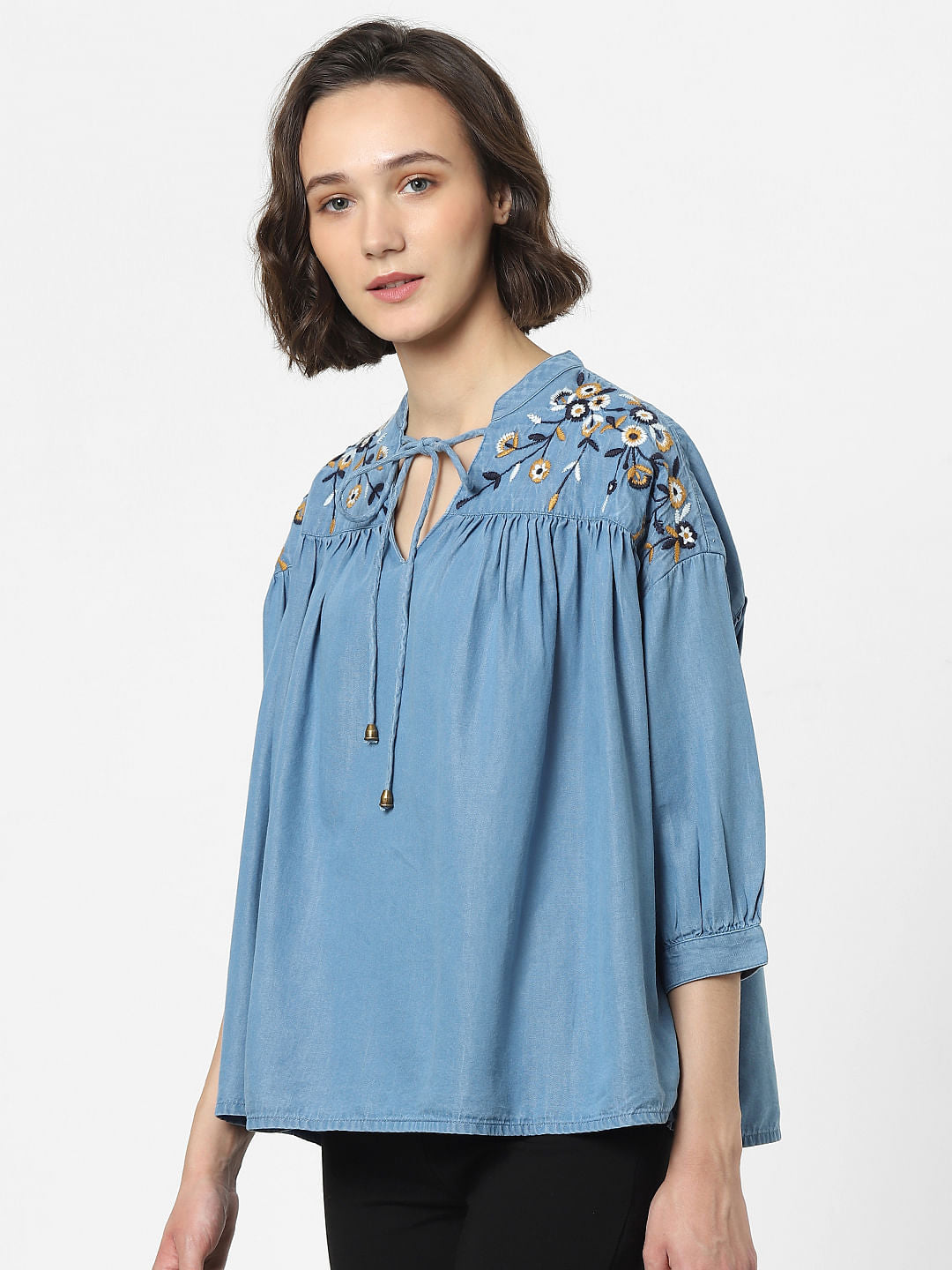 Blue Embroidered Denim Top