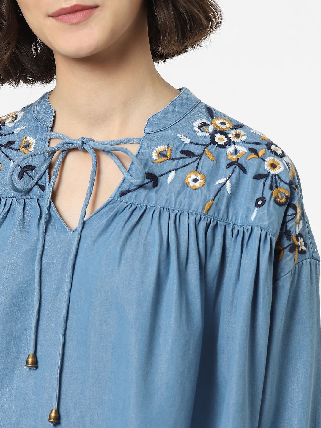 Blue Embroidered Denim Top