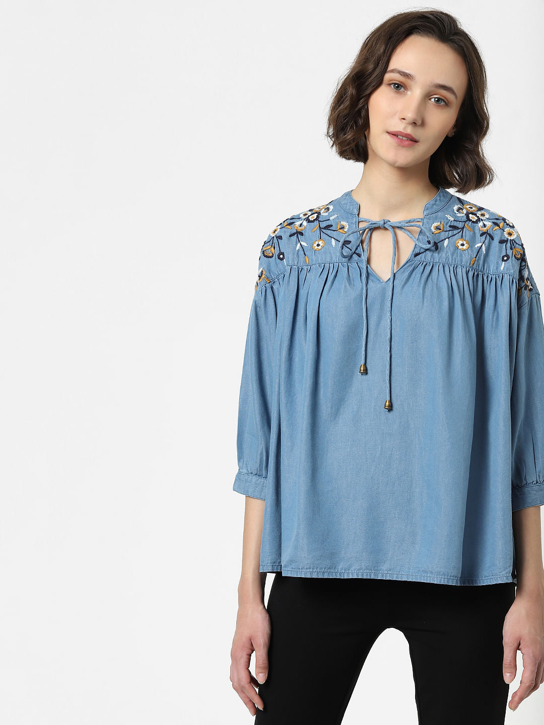 Blue Embroidered Denim Top