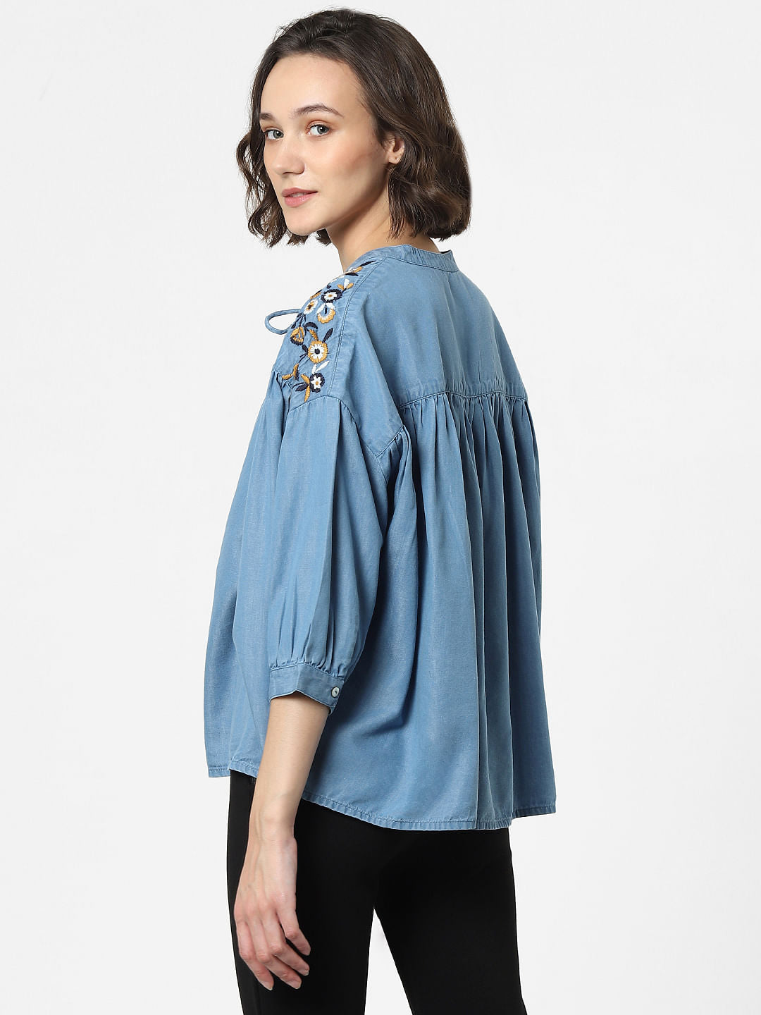 Blue Embroidered Denim Top